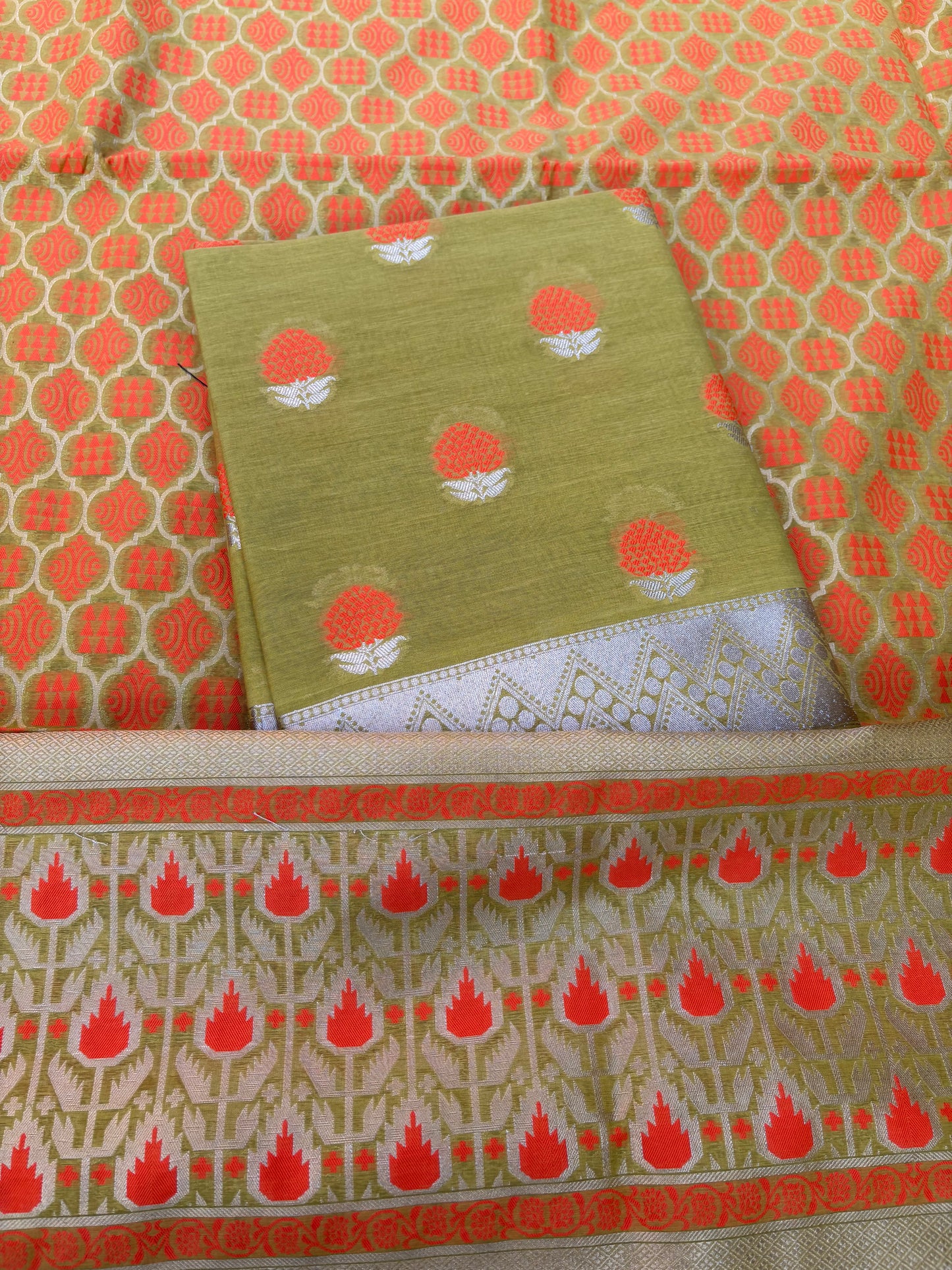 Lime green orange Meenakari 3 piece suit set
