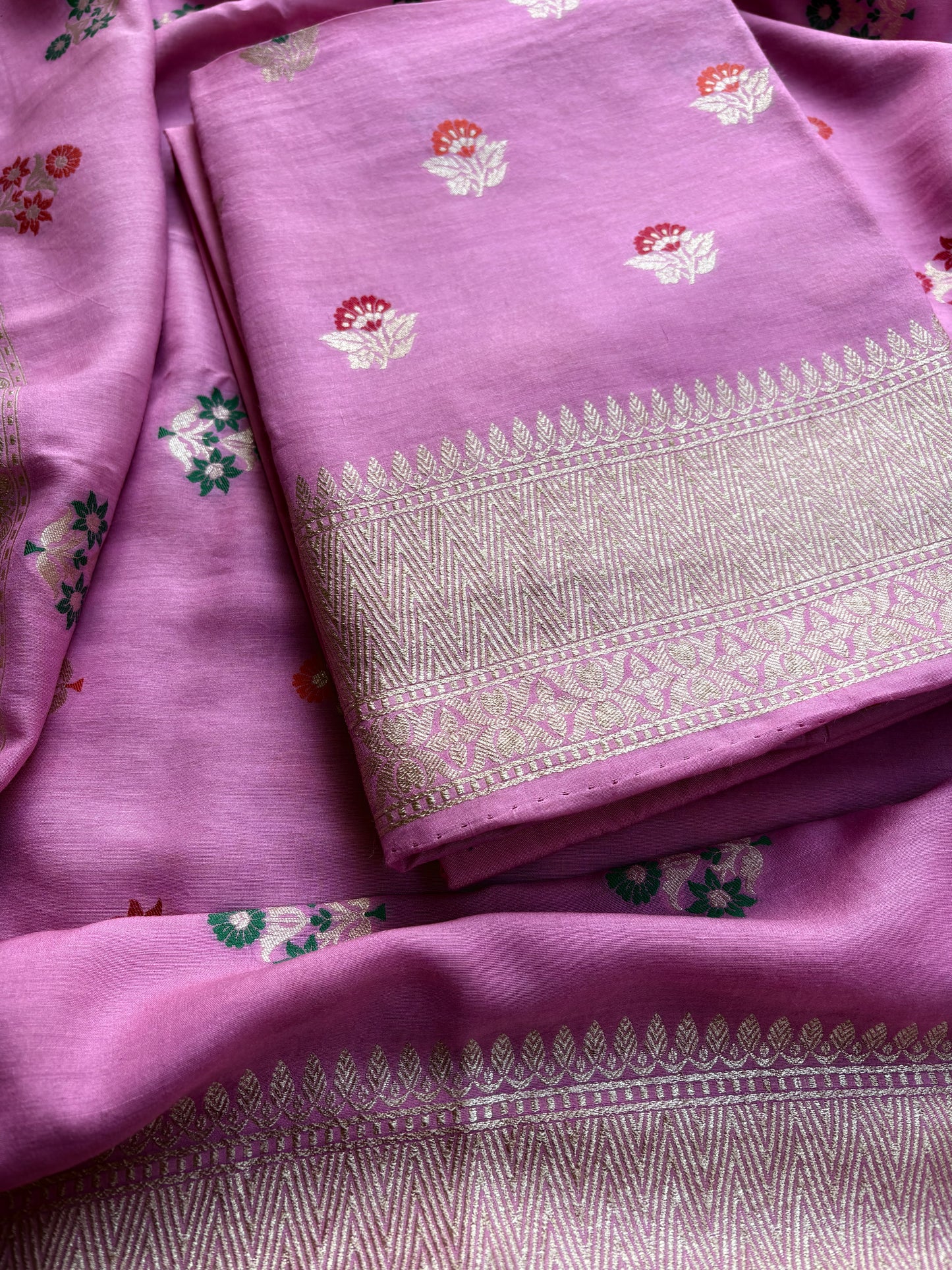 Pink meenadar moonga silk 3 piece suit set