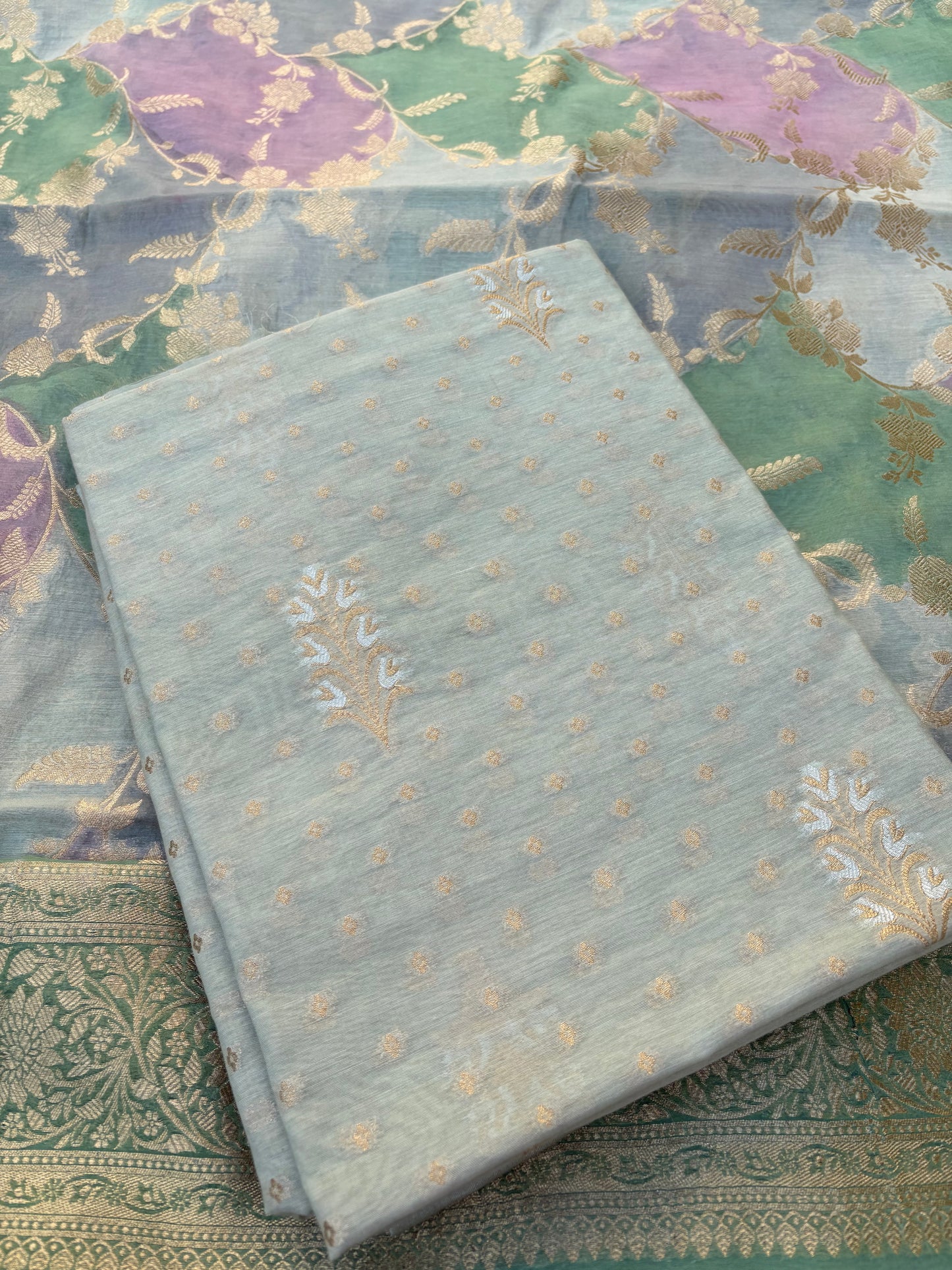 Turq Chanderi kurta, rangkat dupatta , plain bottom