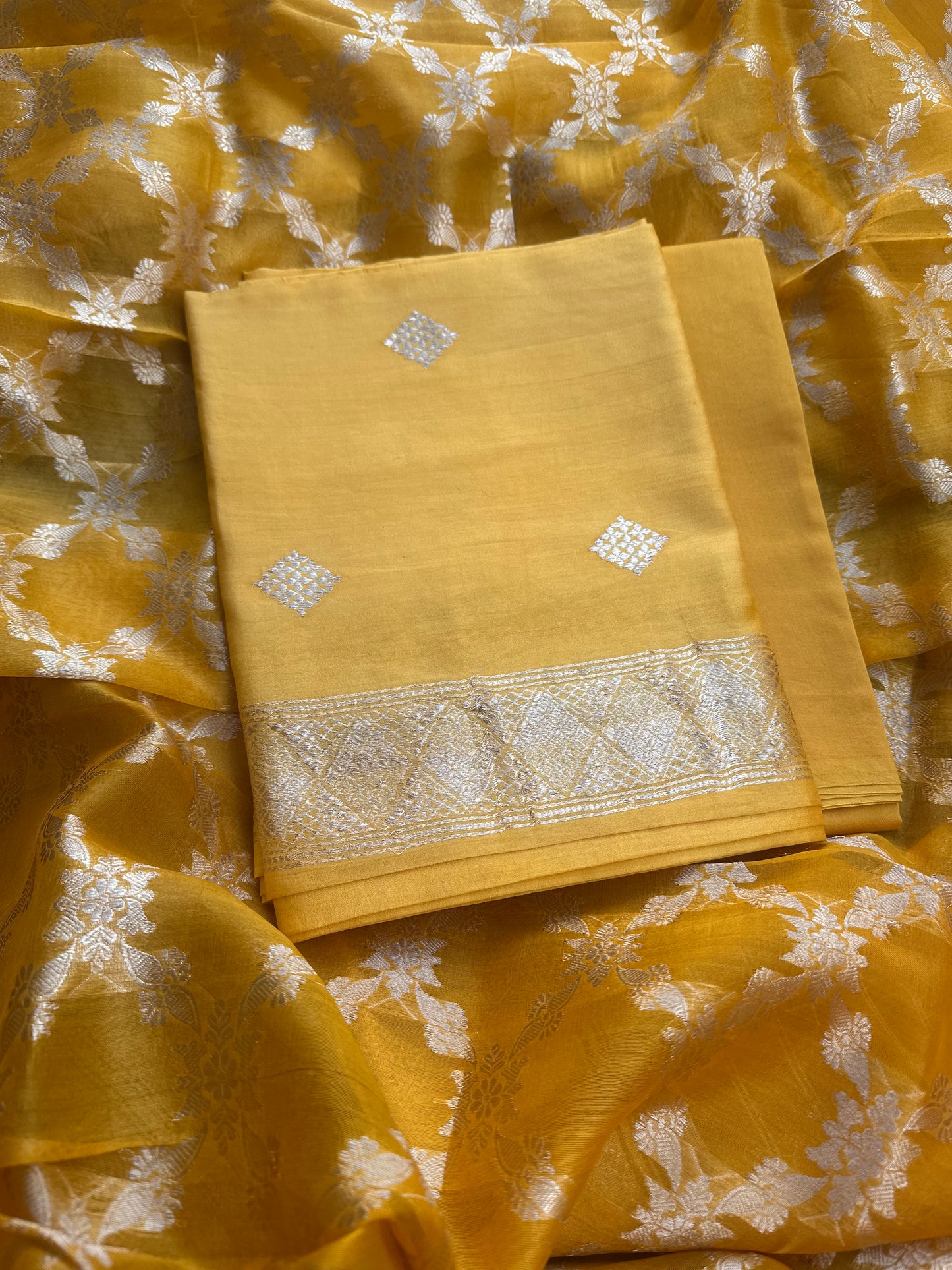 Yellow chiniya silk kadhwa weave , kora silk dupatta, plain silk bottom
