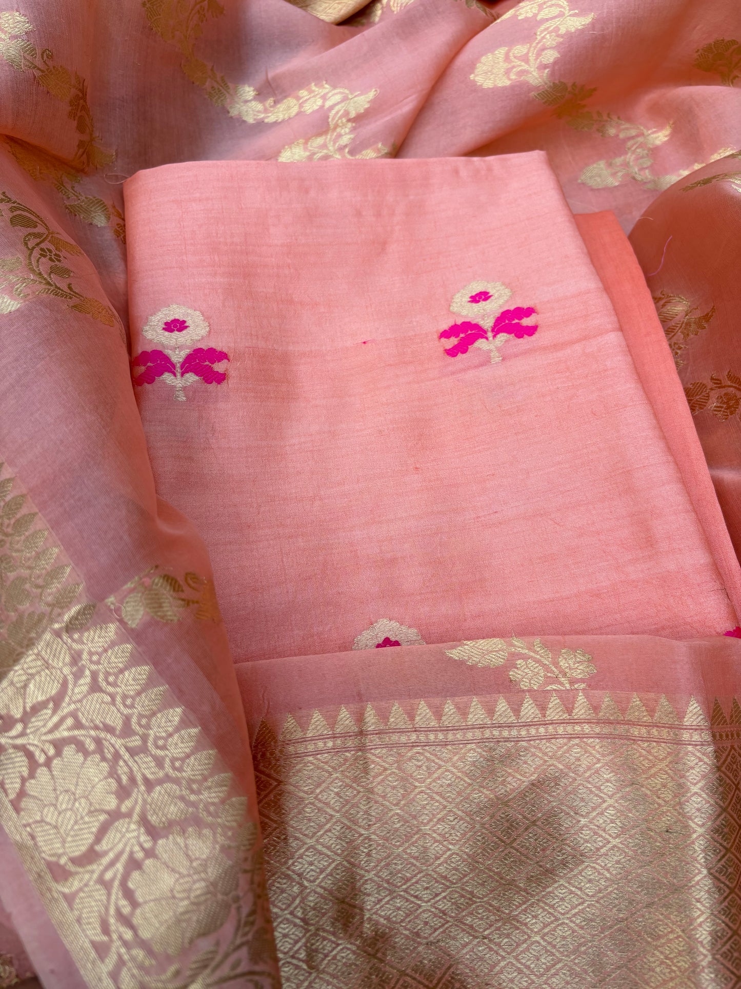 Peach Chiniya silk Kurt, bottom and kora silk dupatta.