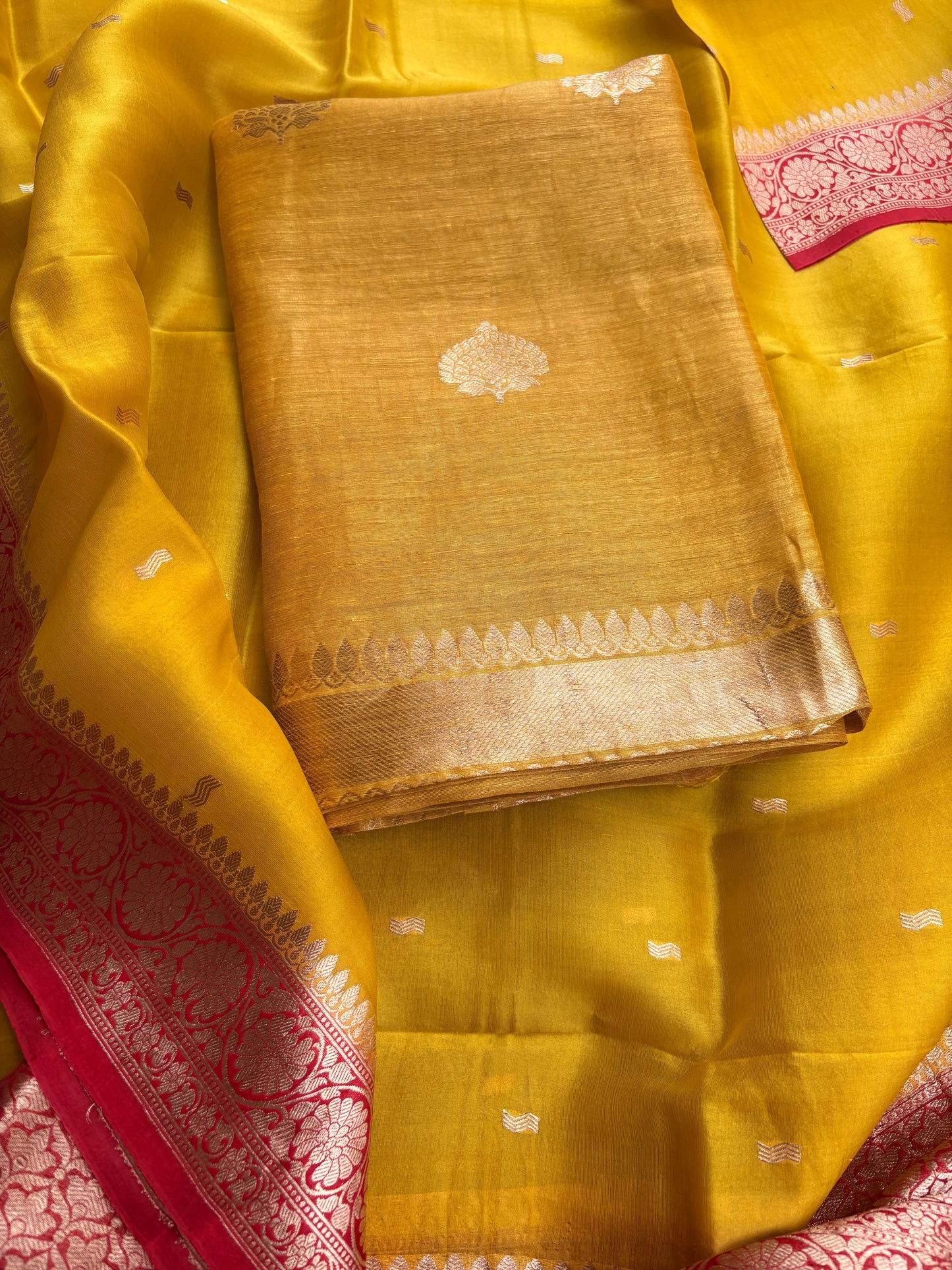 Yellow linen silk kurta, bottom, shaded kora dupatta