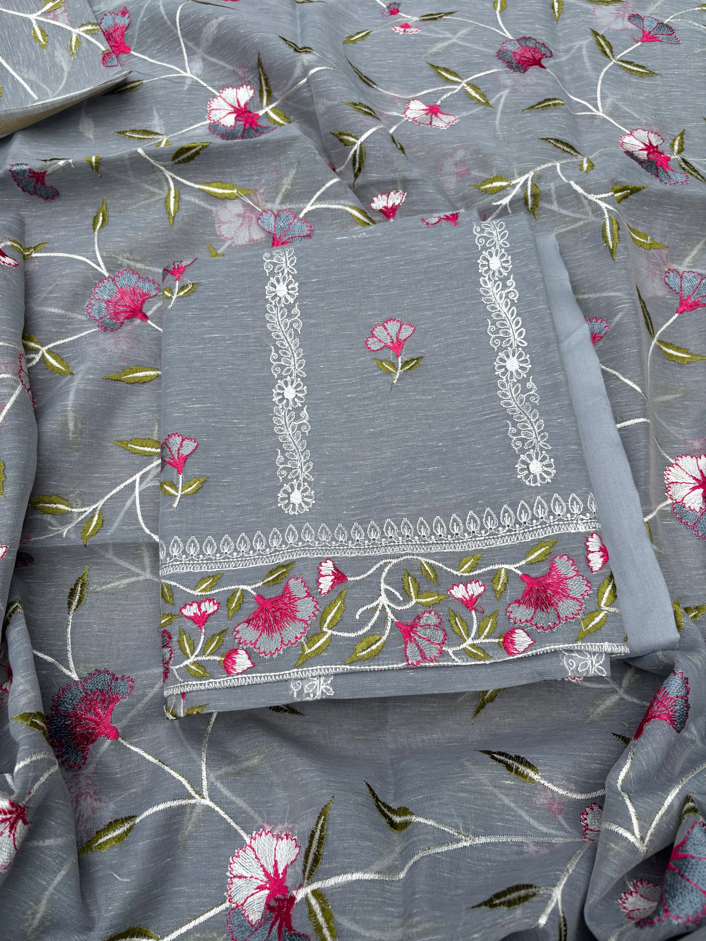 Grey linen cotton embroidered 3 piece suit set