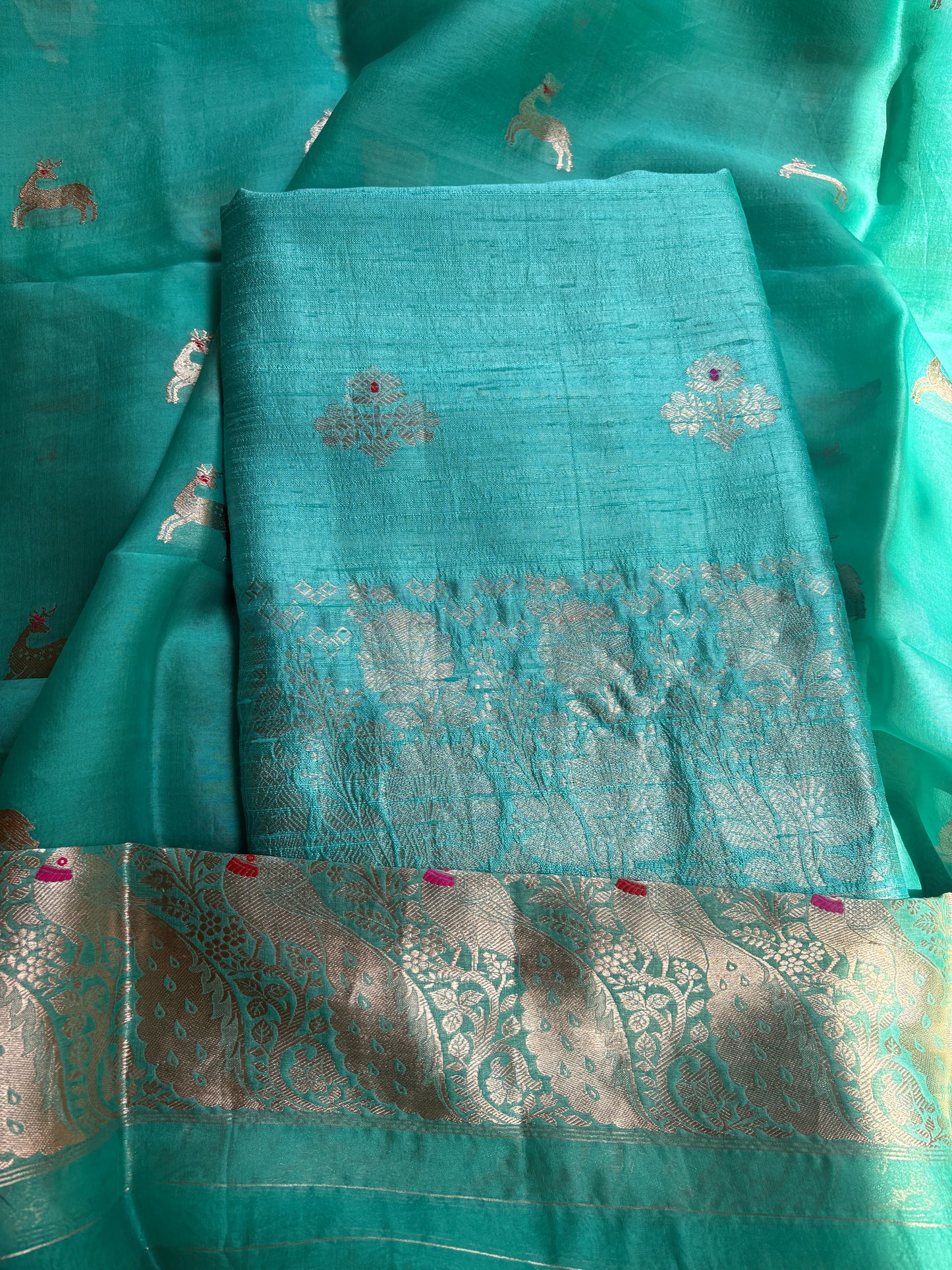 Blue raw silk Kurta, bottom , Kora silk deer motif dupatta