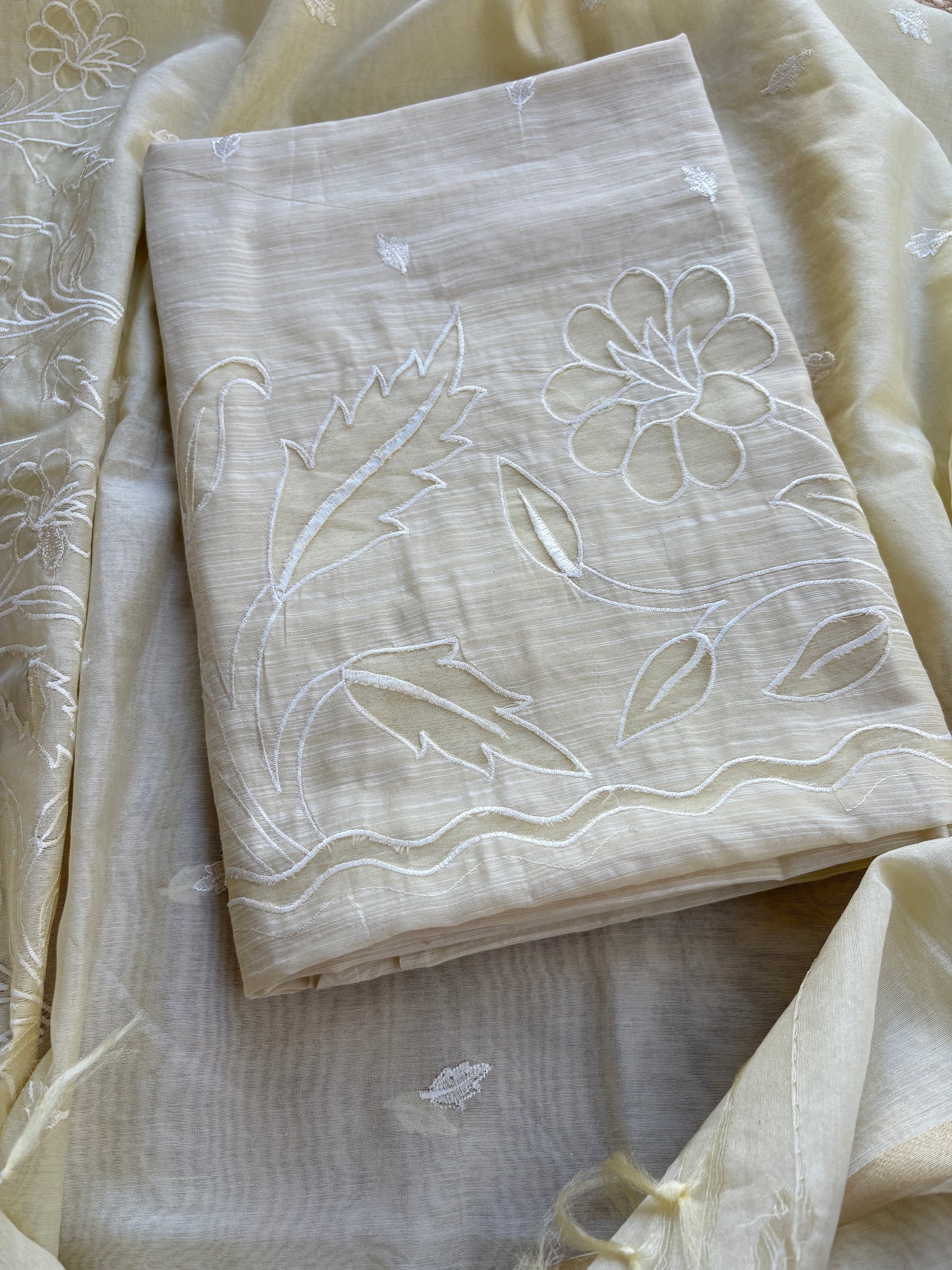 White appliqué mulchanderi suit set