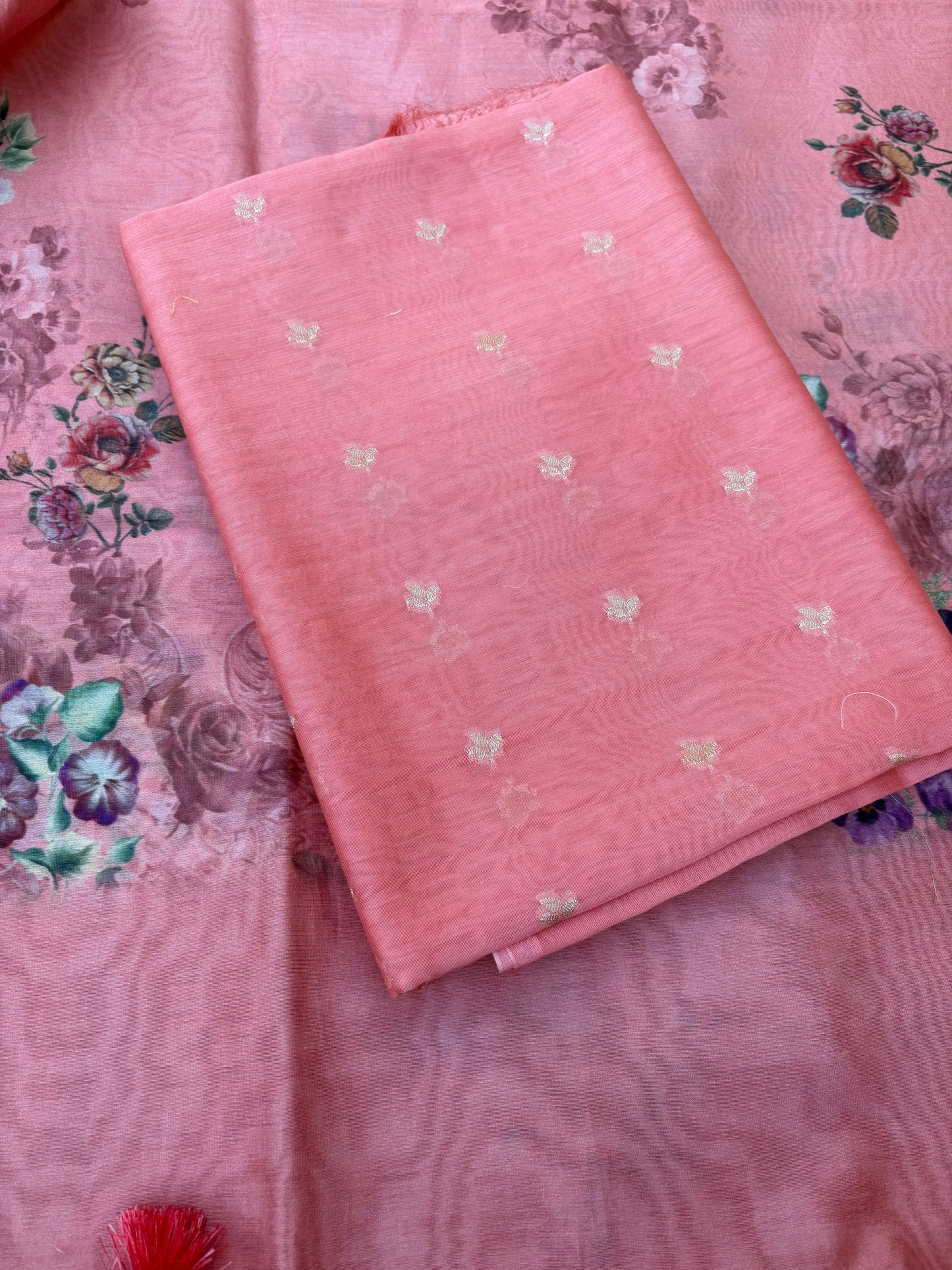 Peach mul Chanderi 3 piece Suit set