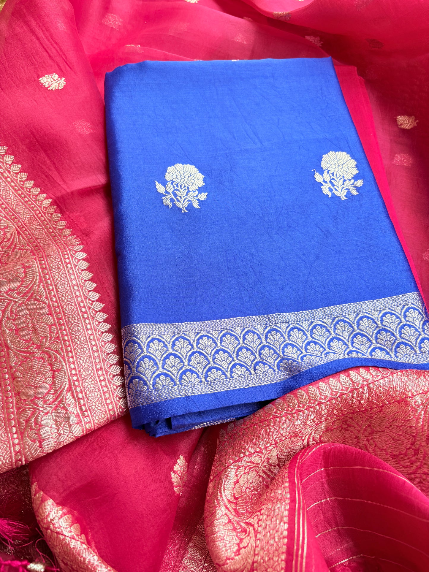 Blue Chiniya silk kurta, pink kora kadhwa dupatta, plain bottom