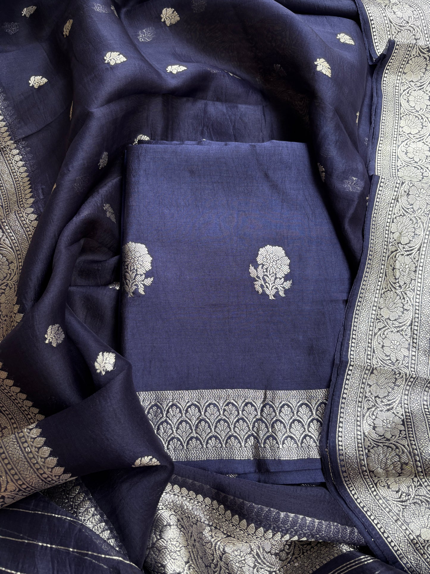 Blue Chiniya kora Chiniya silver zari suit set