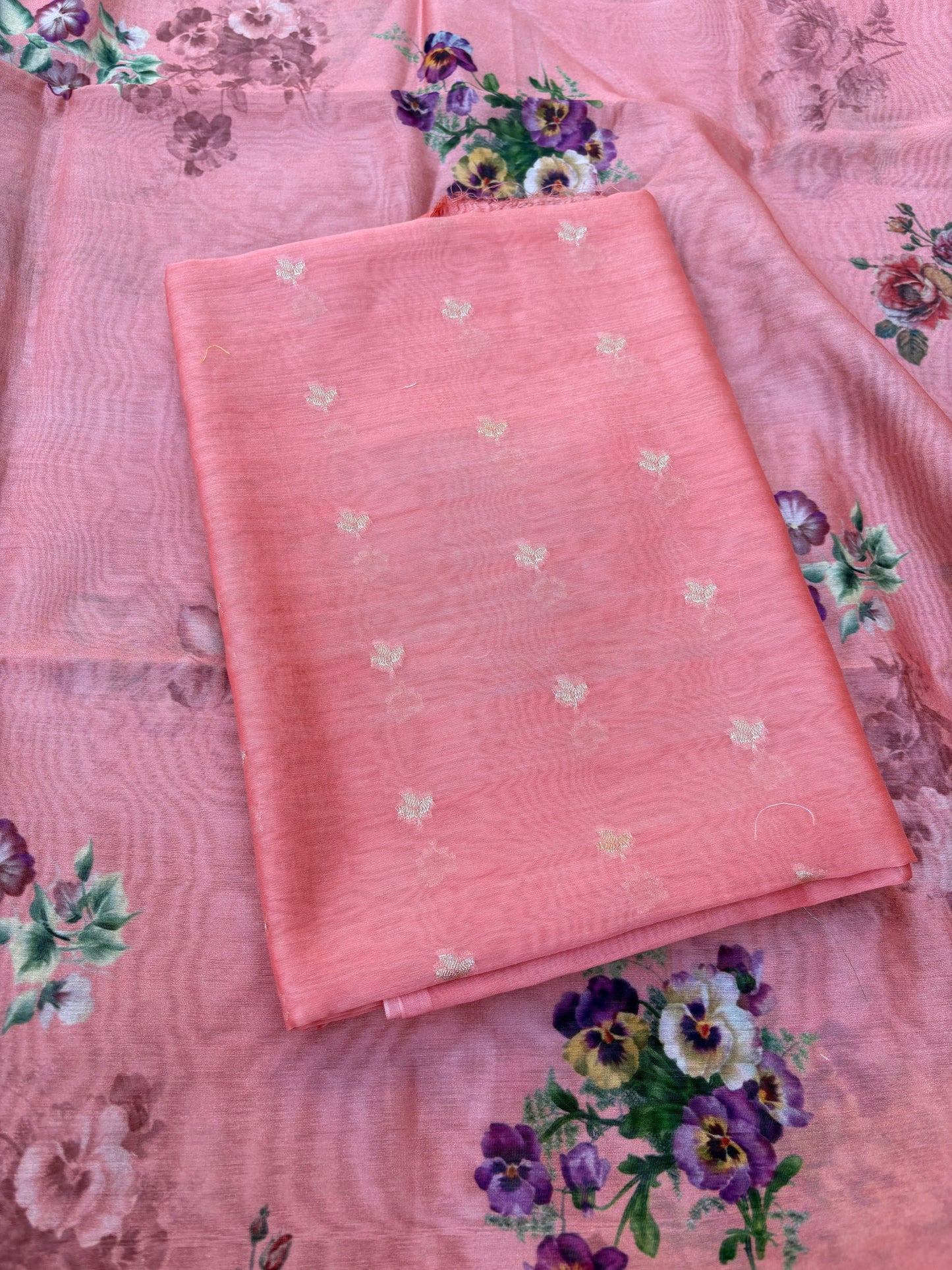 Peach mul Chanderi 3 piece Suit set