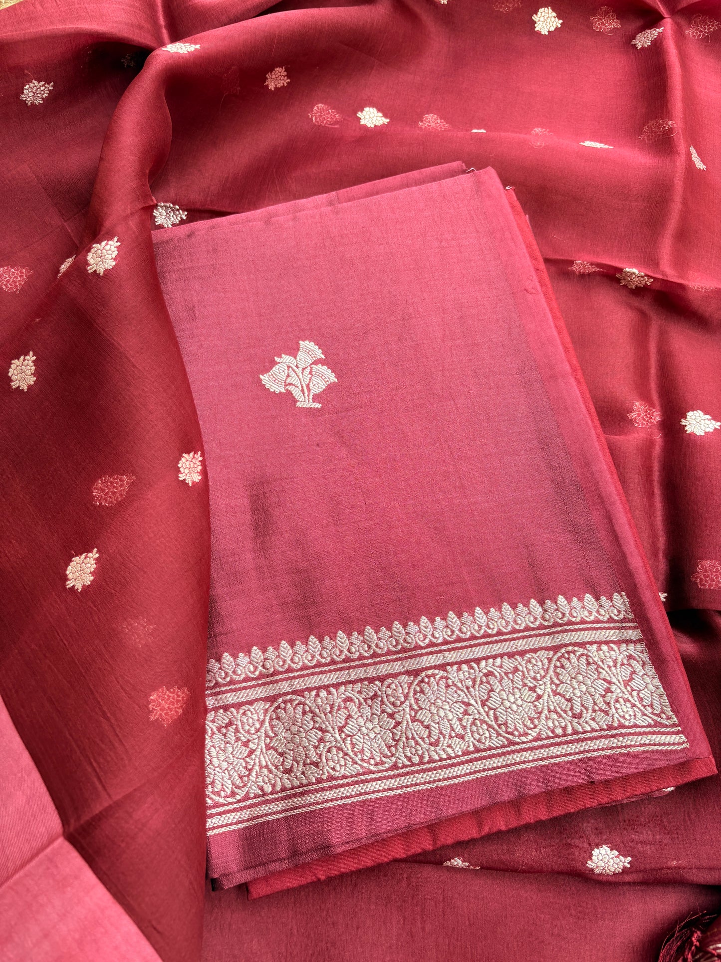 Maroon Chiniya Silk silver zari 3 piece suit set