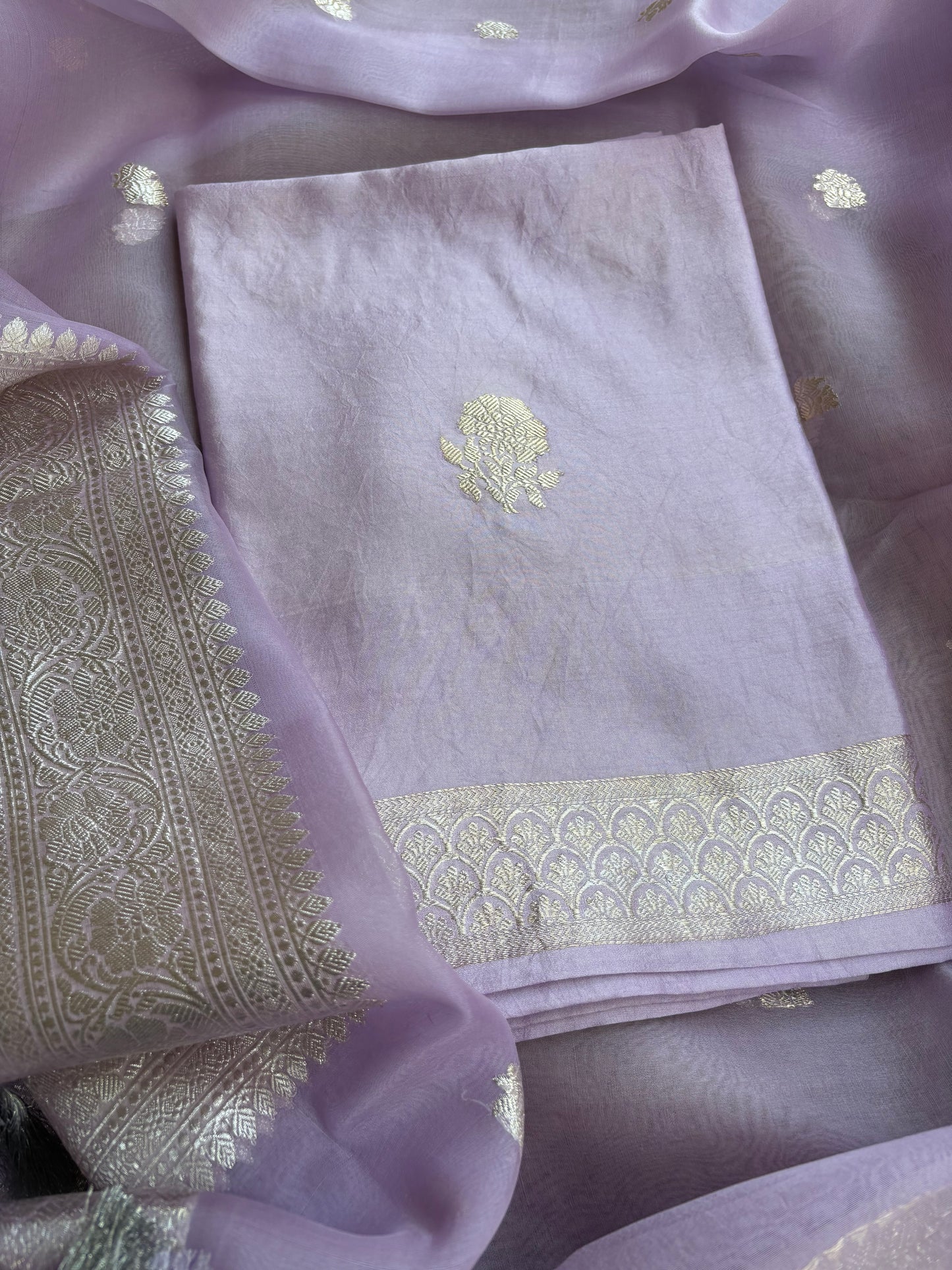 Lavender pure silver zari kurta, kora dupatta,plain bottom.
