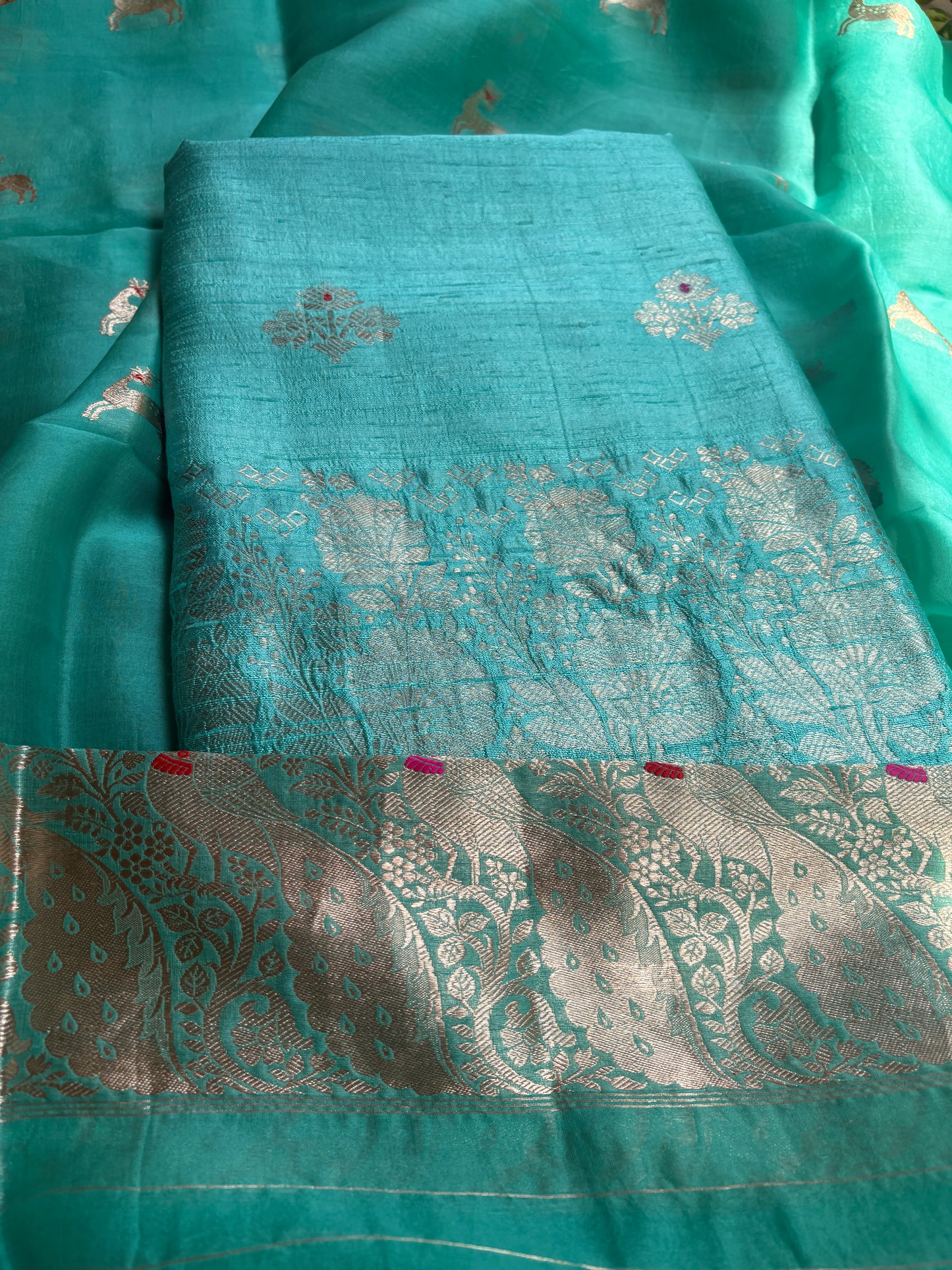 Blue raw silk Kurta, bottom , Kora silk deer motif dupatta