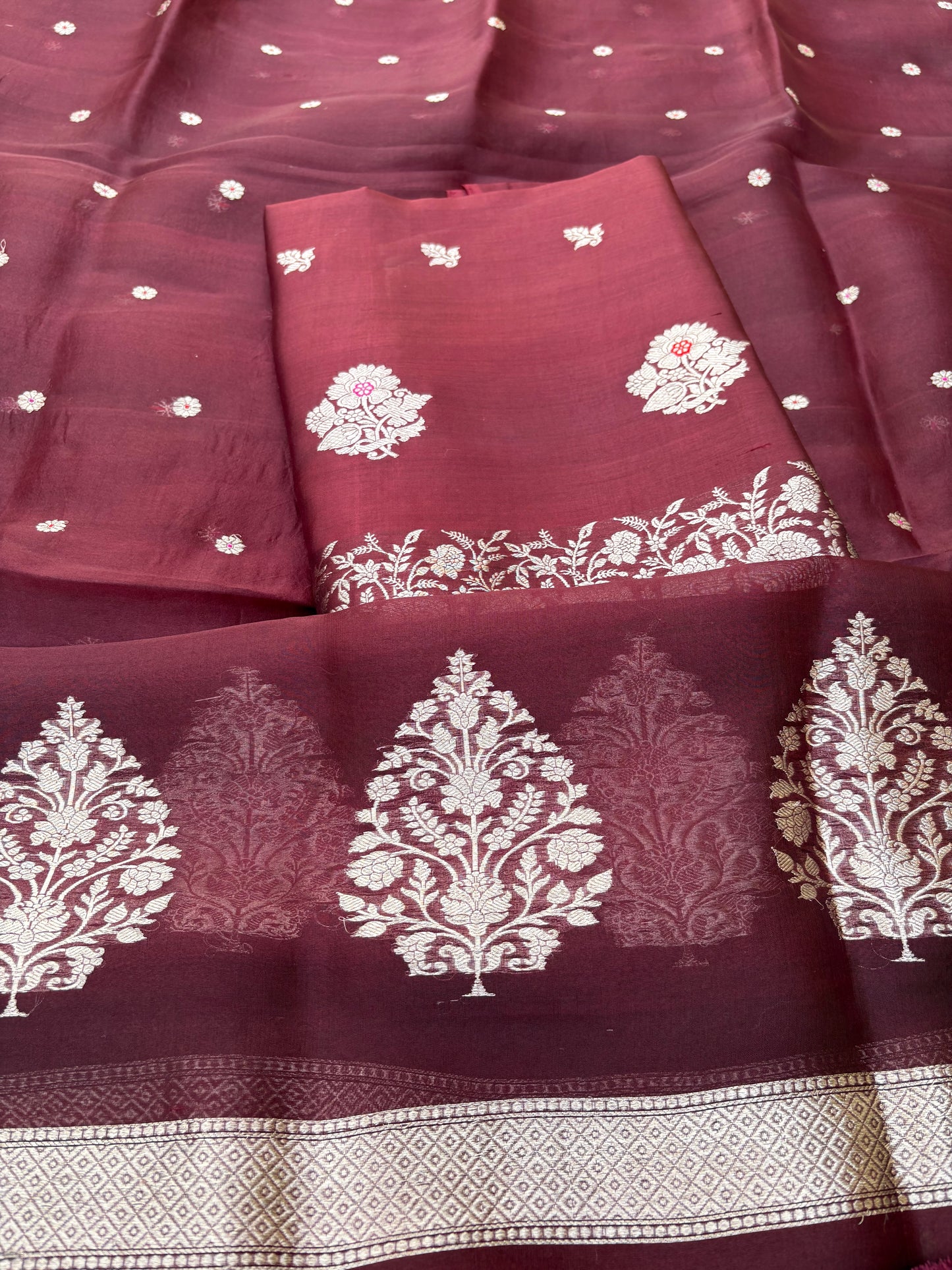 Wine maroon raw mango silk kurta, bottom , kora silk dupatta