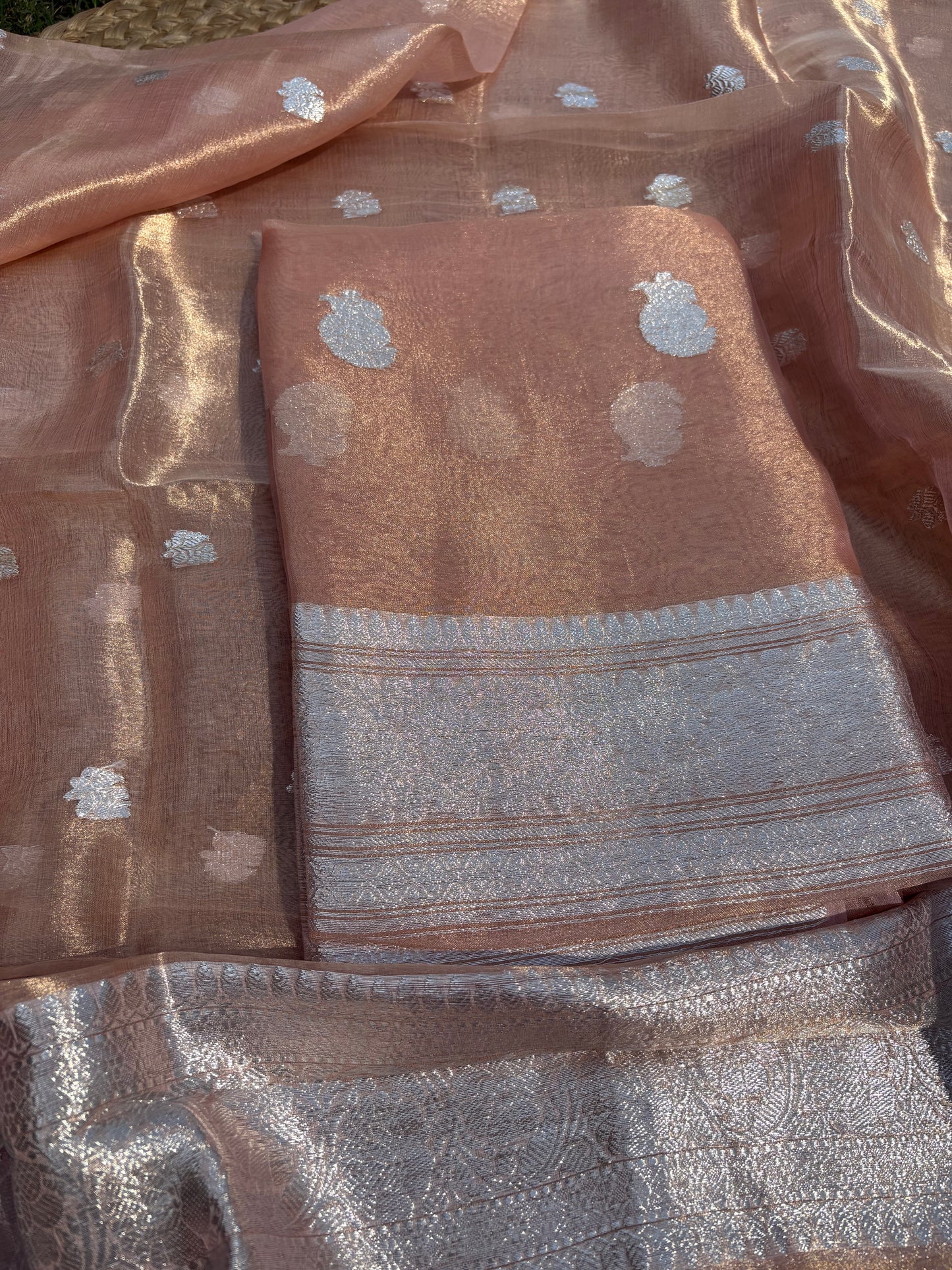 Pink peach silver zari tissue 3 piece suit set