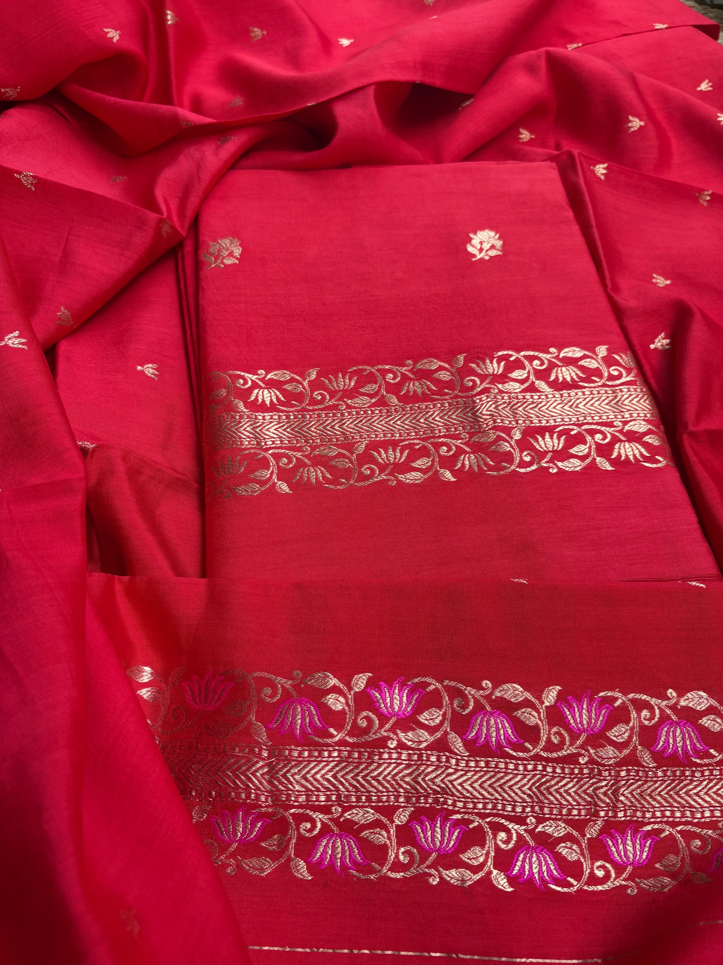 Red Chiniya silk 3 piece suit set