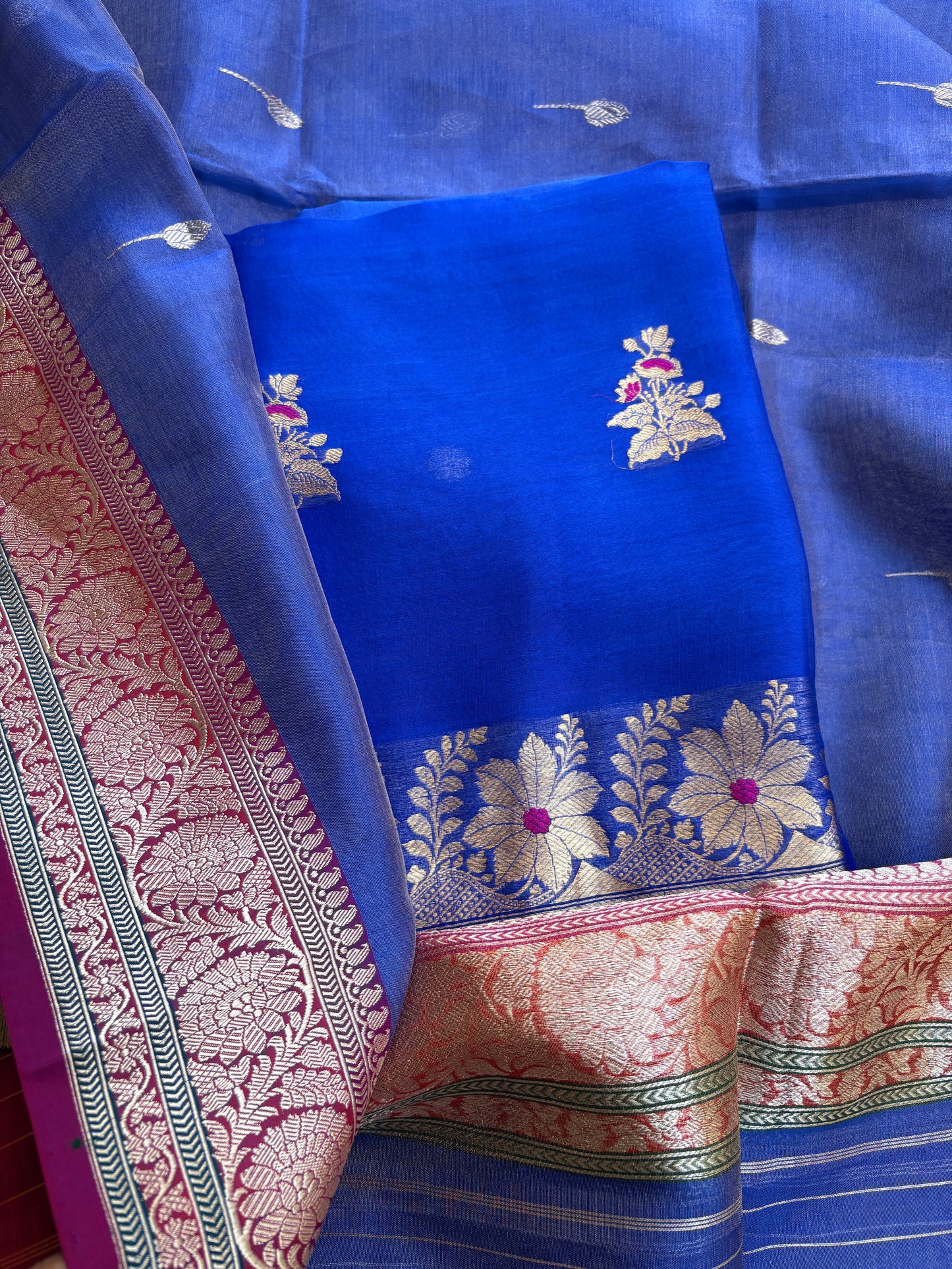 Blue kora kurta, kora tissue dupatta, pure silk bottom