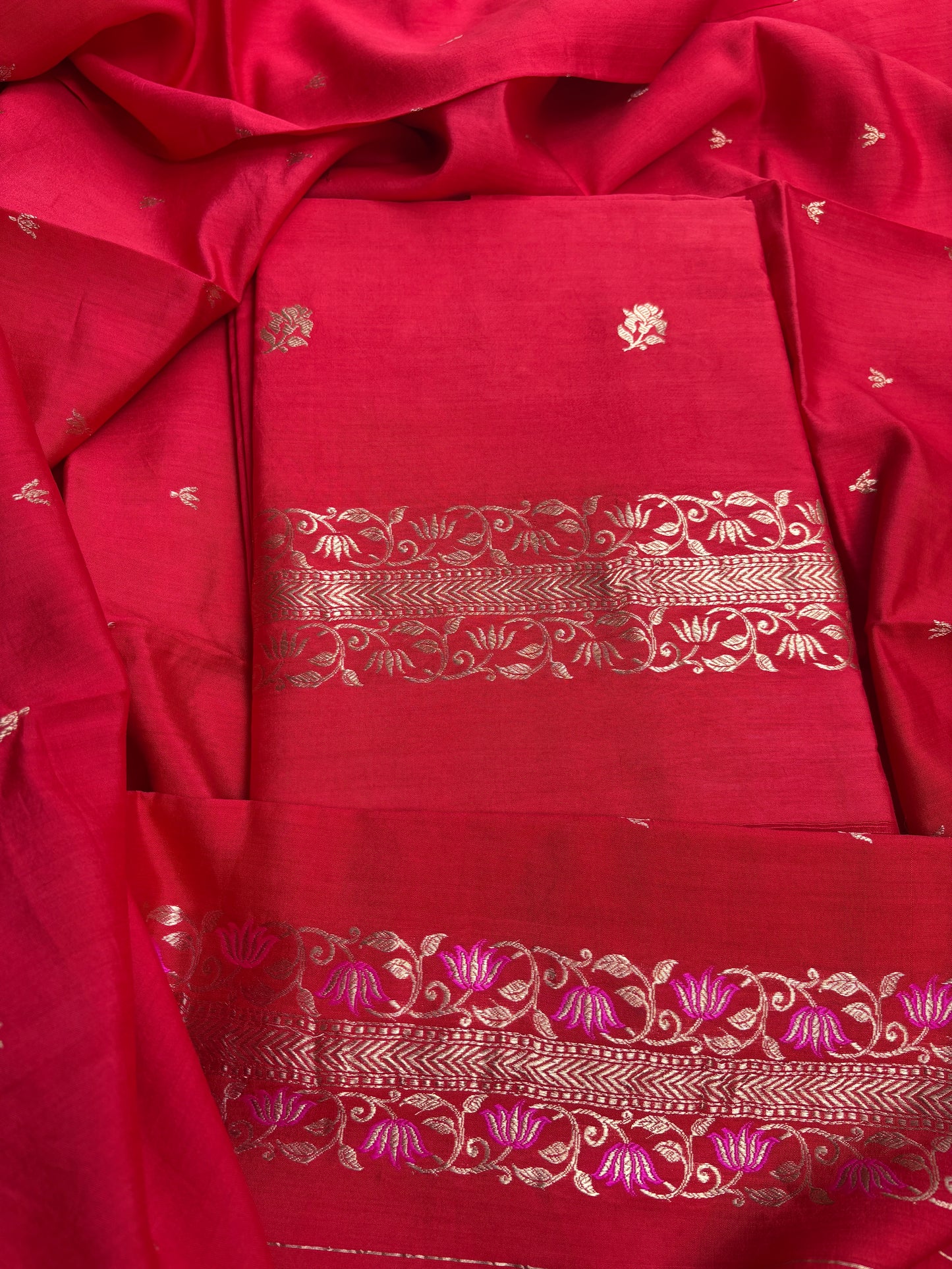 Red Chiniya silk 3 piece suit set