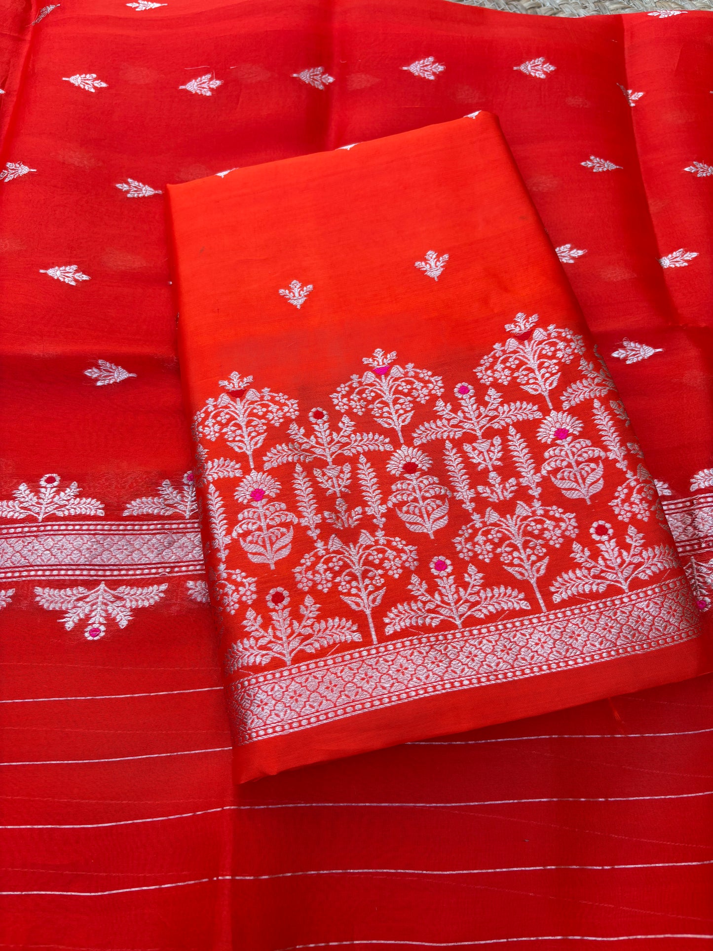 Orange raw mango silk kurta, bottom, kora kadhwa silk dupatta