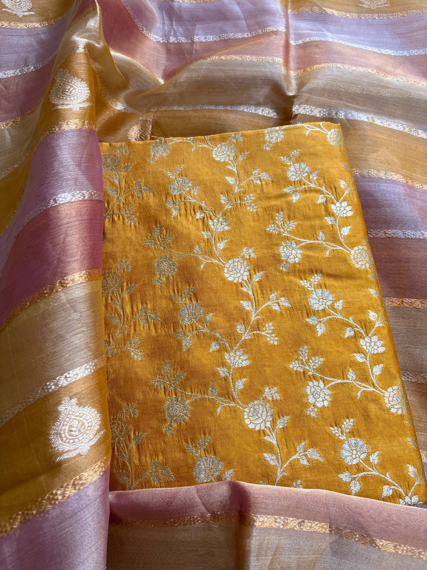 Yellow Chiniya silk kurta bottom and kora tissue dupatta