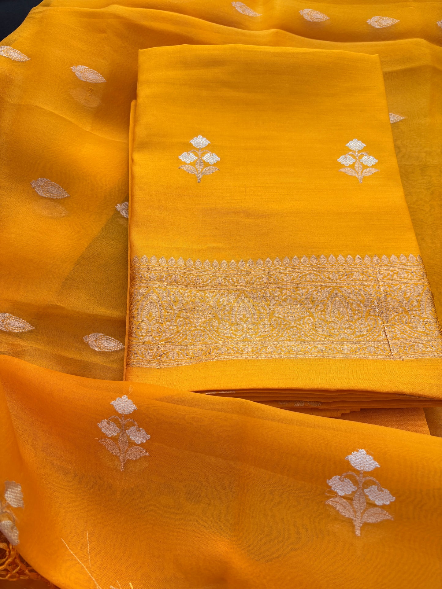 Yellow kora kadhwa silk suit set