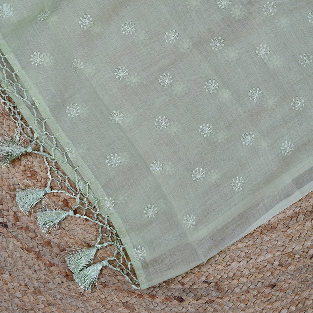 Green embroidered mul chanderi suit set