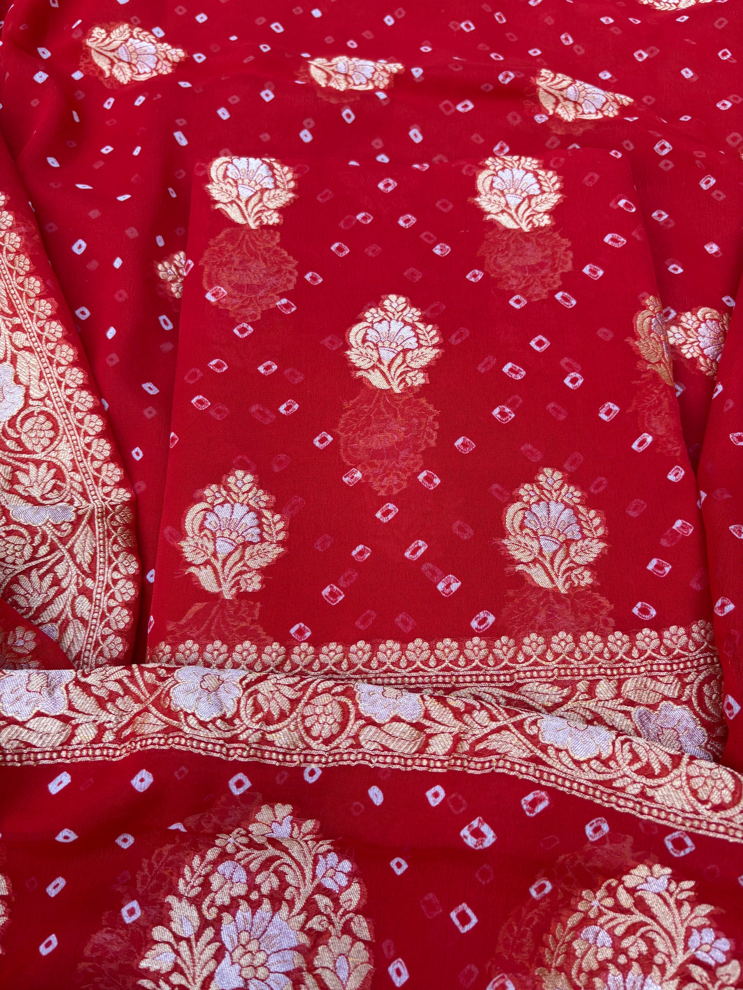 Red Khaddi georgette kadhwa bandhani 3 piece suit set