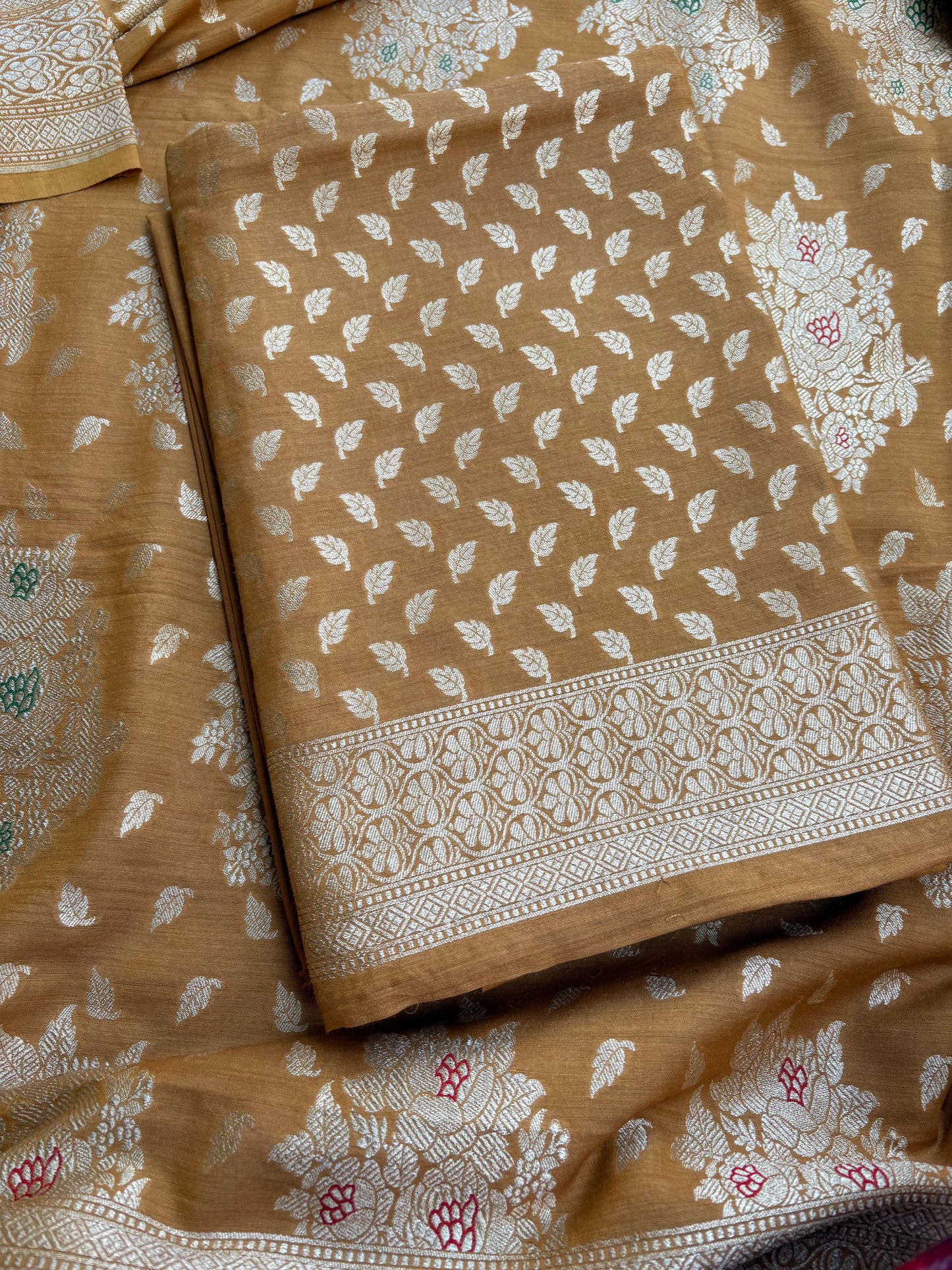 Mustard moonga silk kurta, meenadar Jaal dupatta, plain bottom