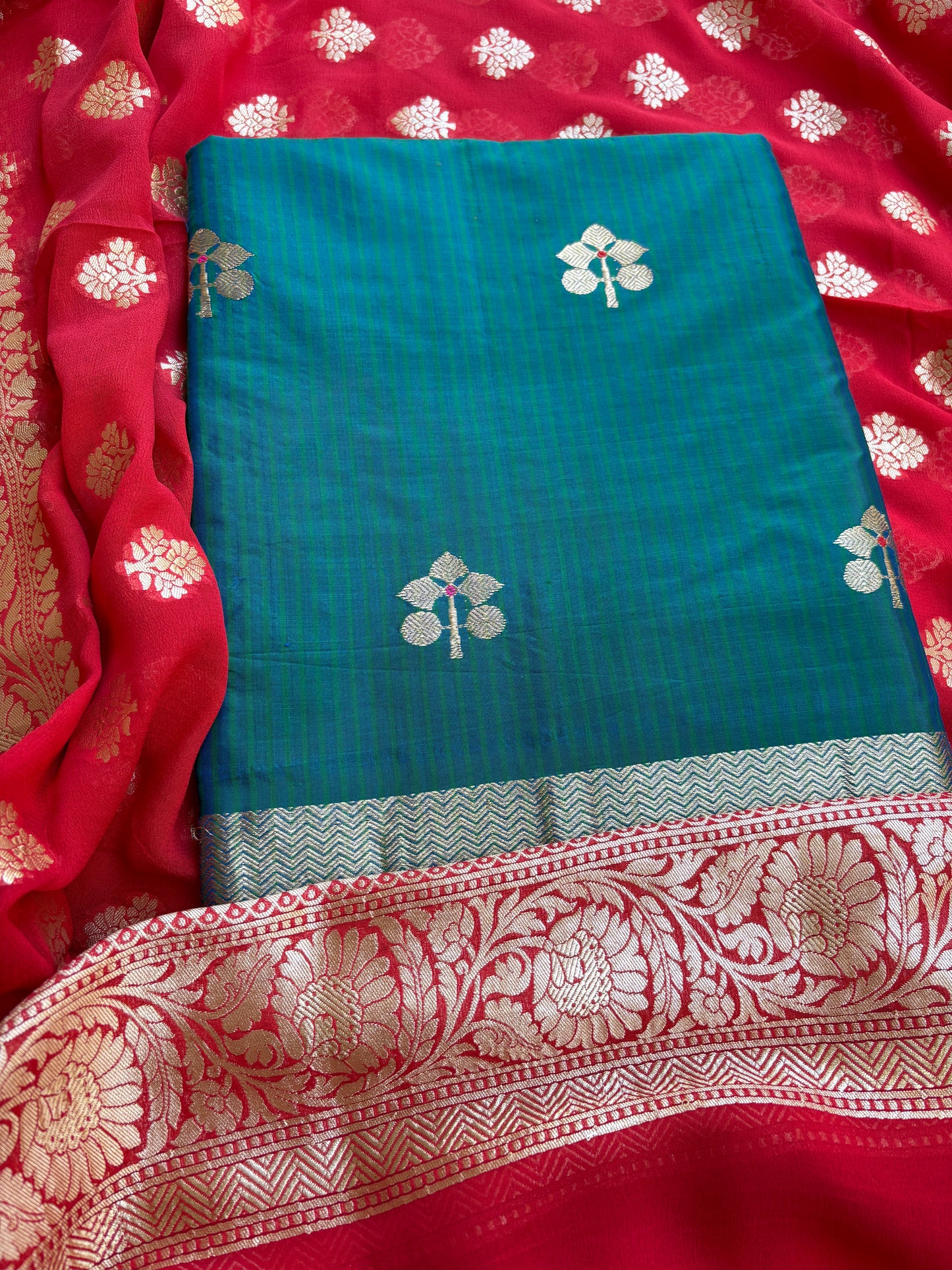 Blue katan by katan silk suit with Khaddi georgette dupatta