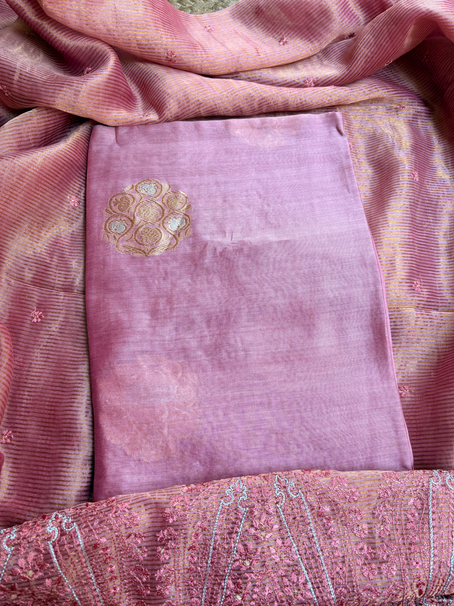 Pink handloom silk kadhwa kurta, bottom, tissue kadhwa dupatta