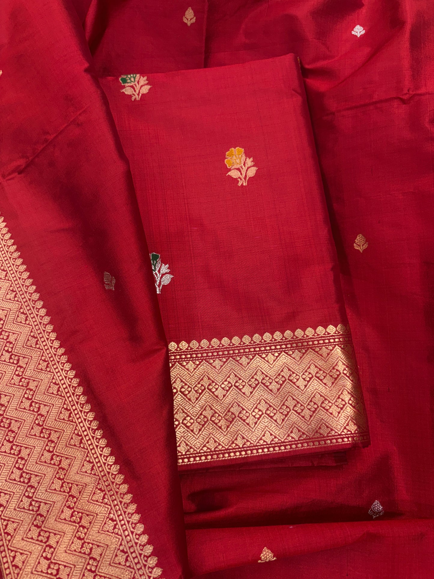 Red katan by katan silk kadhwa suit set