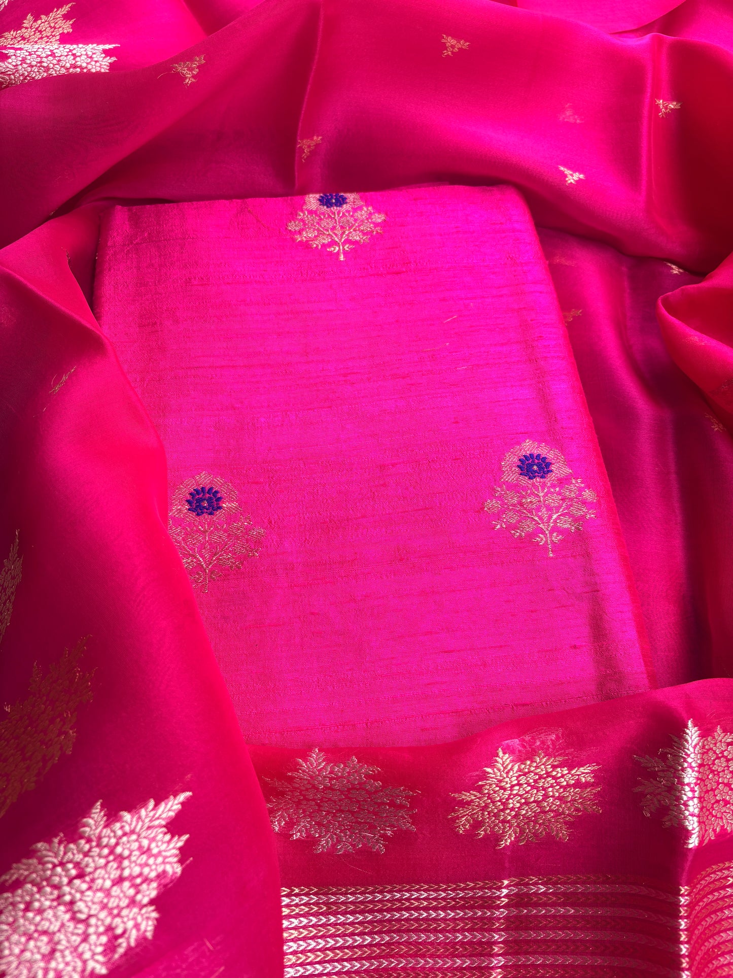 Pink kadhwa meenadar raw silk Kurta, bottom , kora kadhwa dupatta