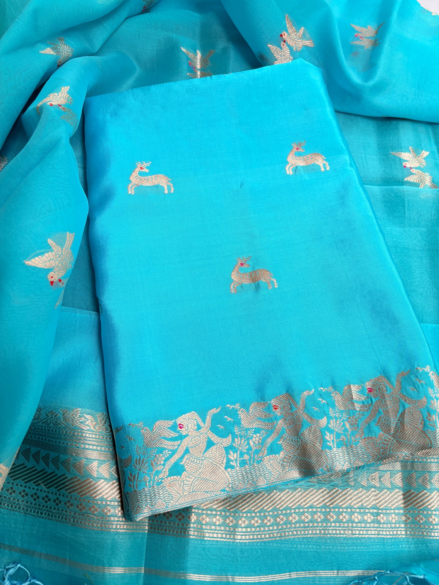Blue pure silk kadhwa motif suit set