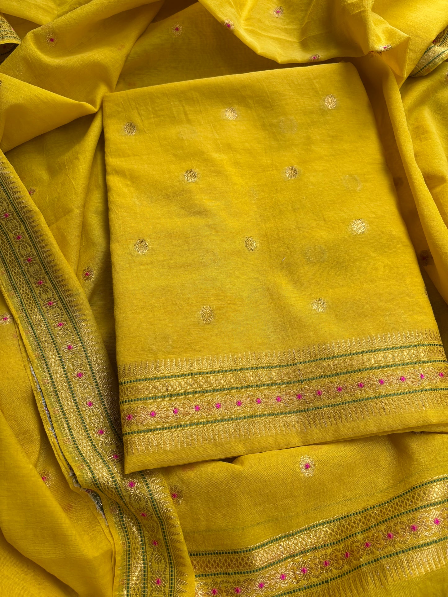 Yellow cotton jamdani 3 piece suit set