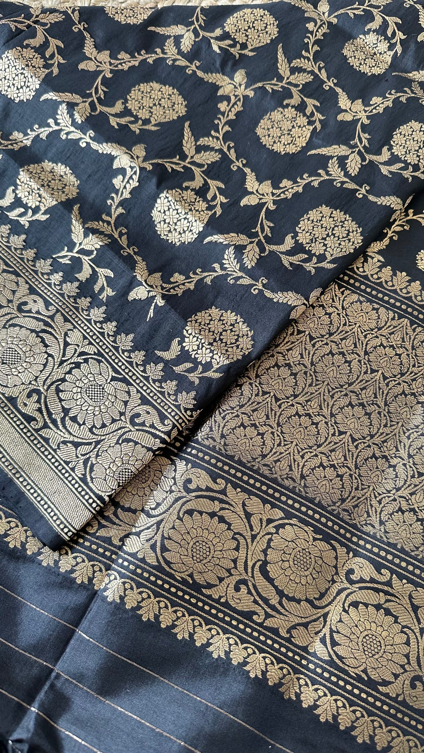 Black katan silk kadhwa weave dupatta.