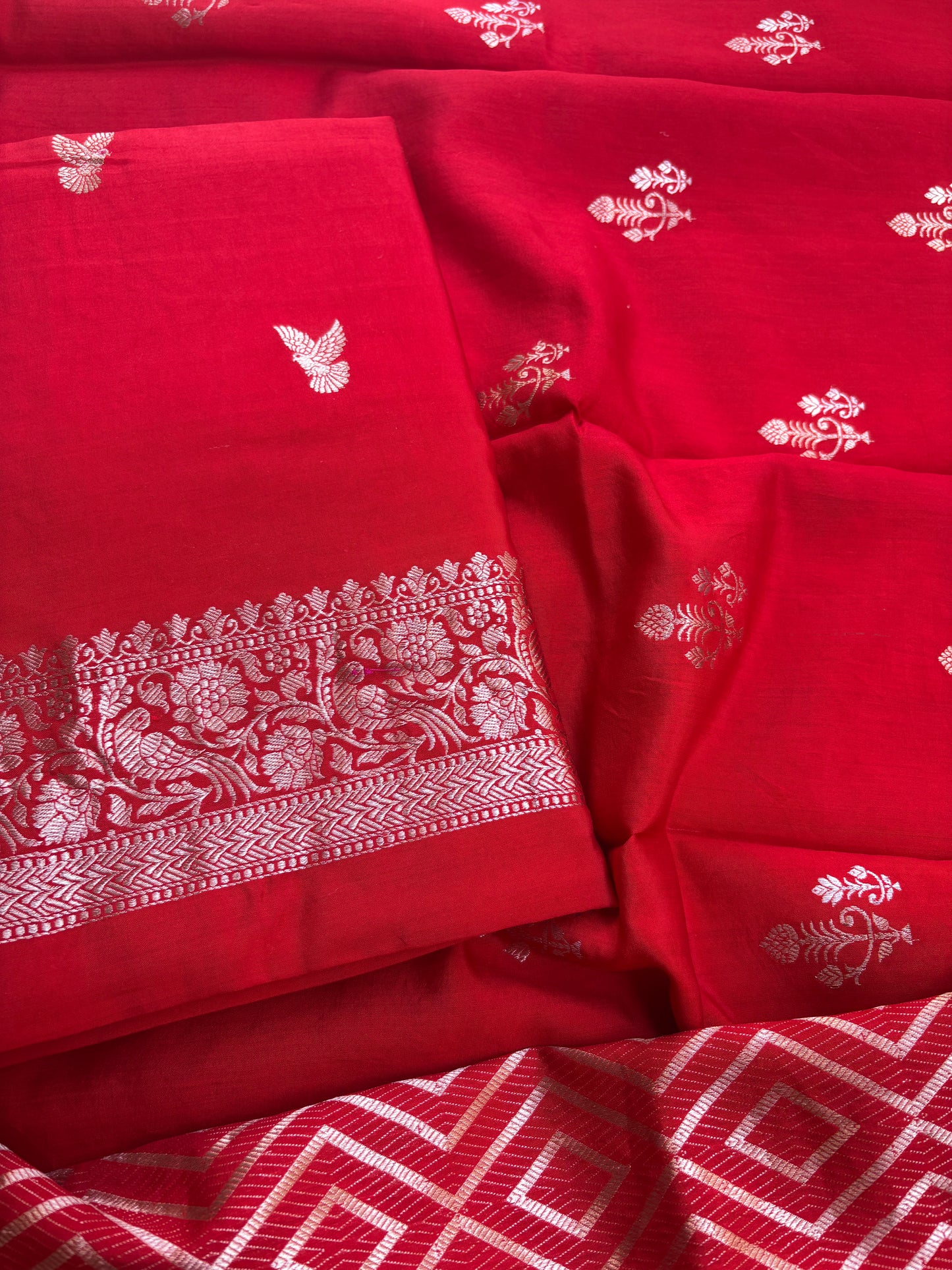 Red Chiniya silk 3 piece bird motif suit set