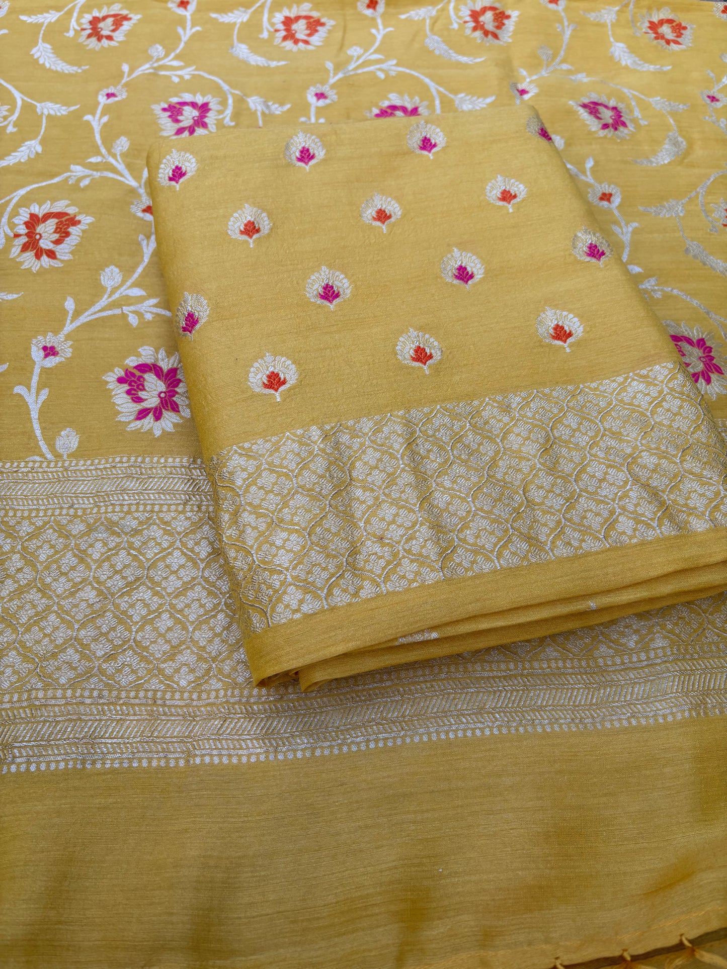 Yellow meenadar moonga silk jaal suit set