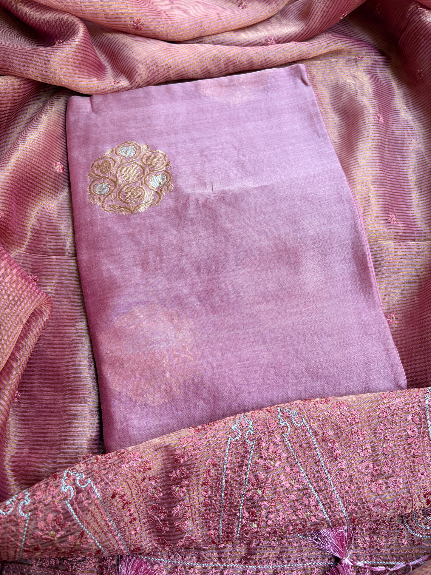 Pink handloom silk kadhwa kurta, bottom, tissue kadhwa dupatta