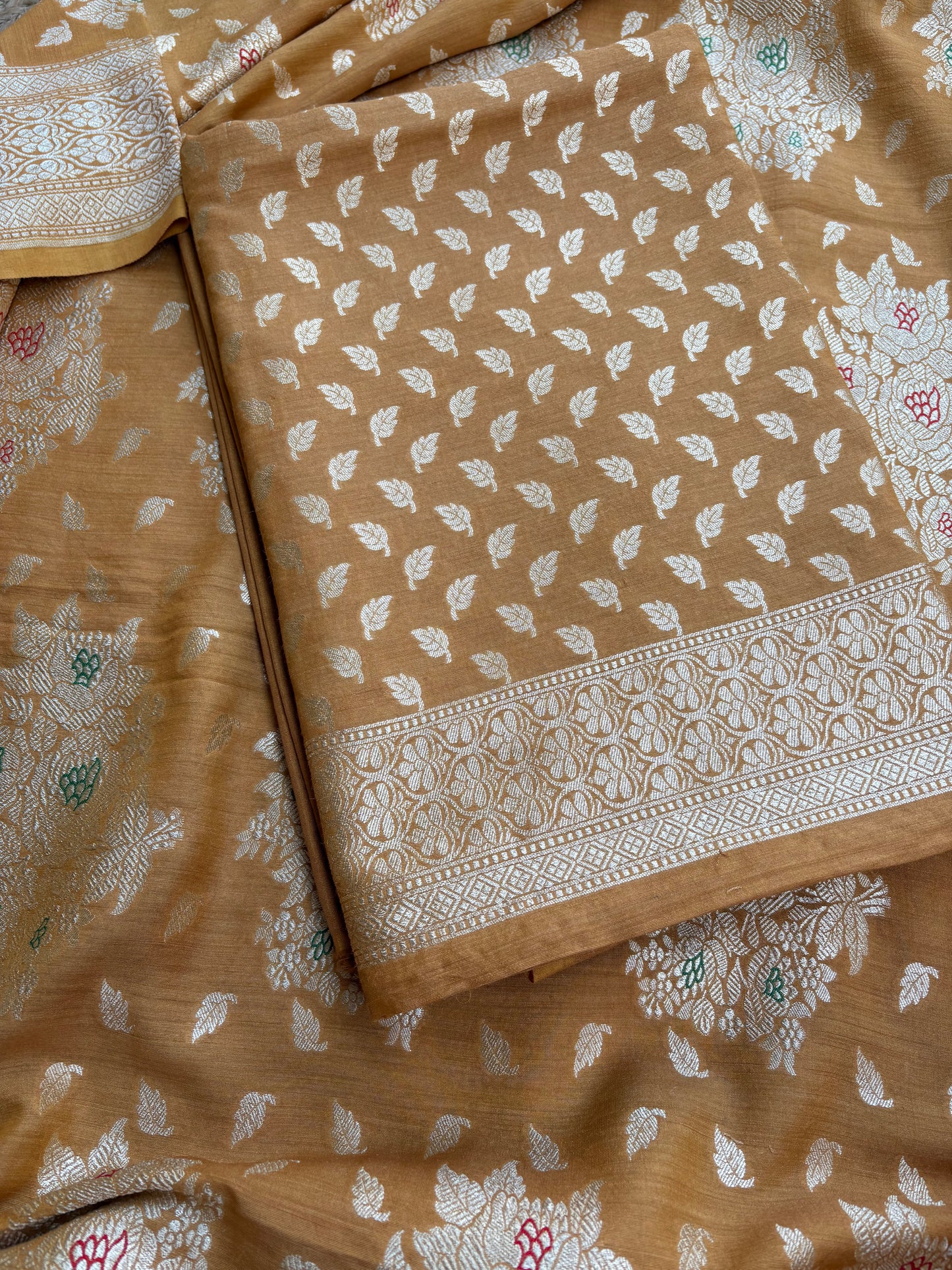 Mustard moonga silk kurta, meenadar Jaal dupatta, plain bottom