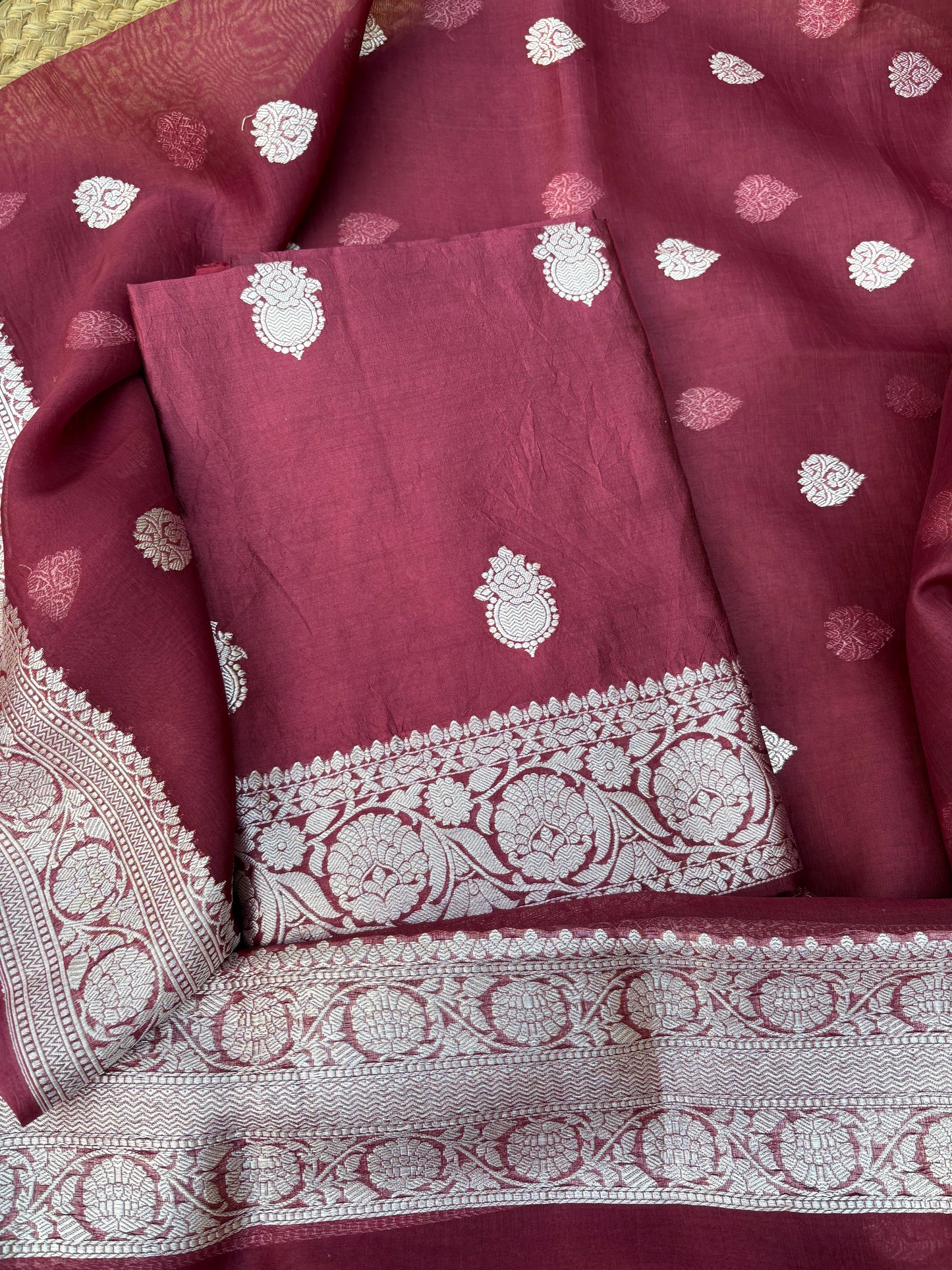 Maroon Chiniya kora silk kadhwa silver zari suit set