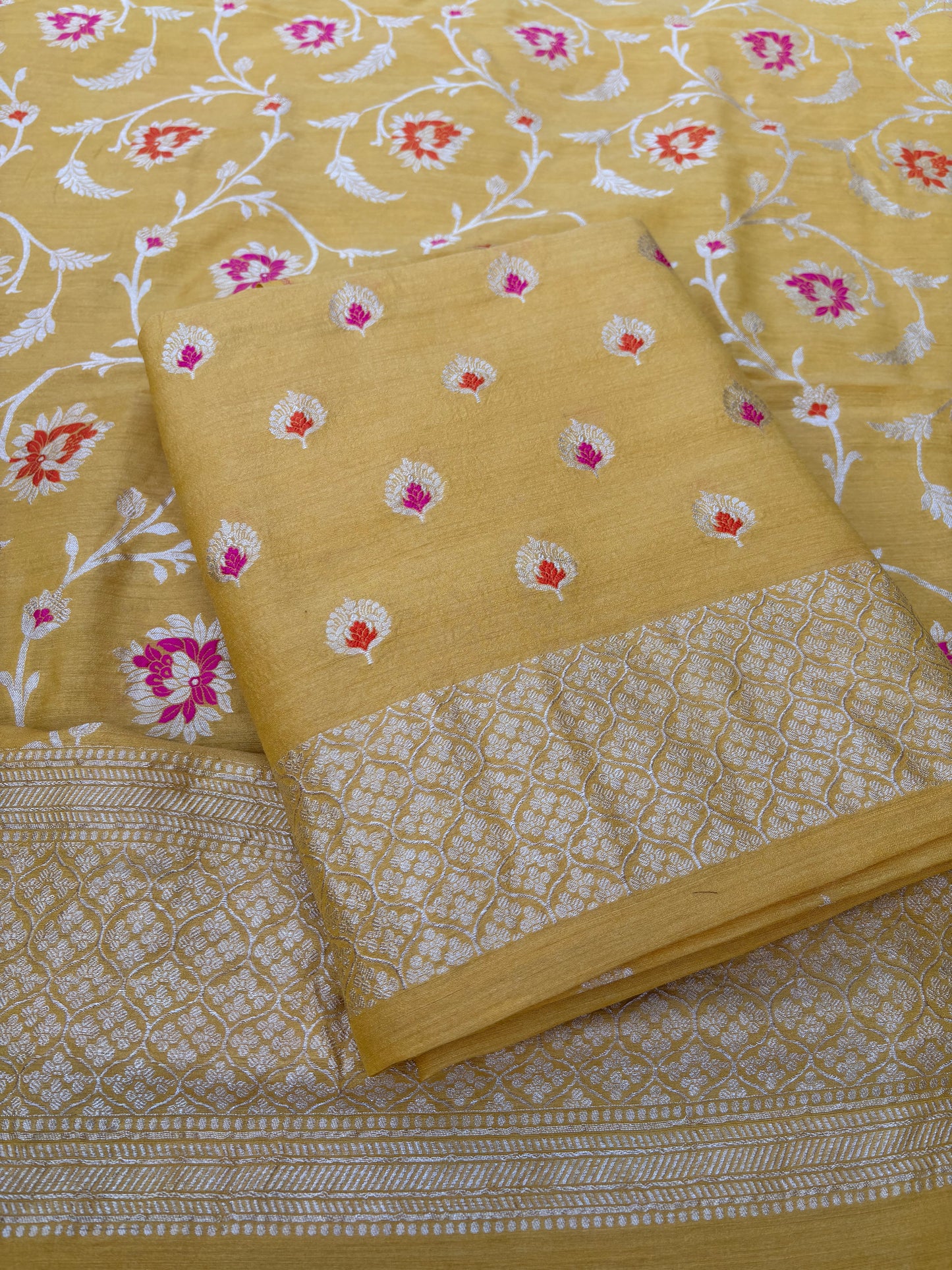 Yellow meenadar moonga silk jaal suit set