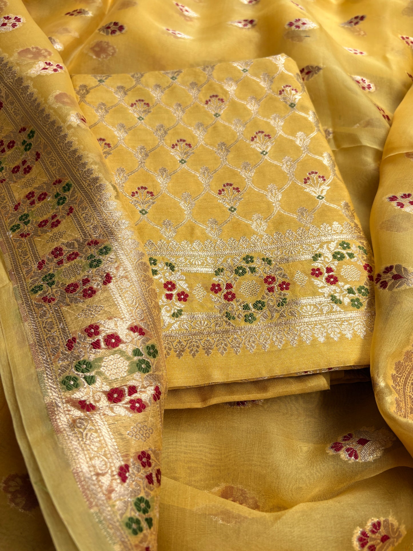 Yellow moonga silk kurta, kora kadhwa dupatta, plain bottom