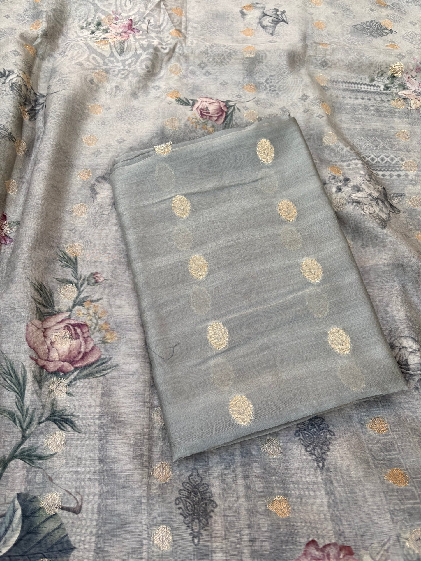 Grey mul Chanderi silk 3 piece suit set