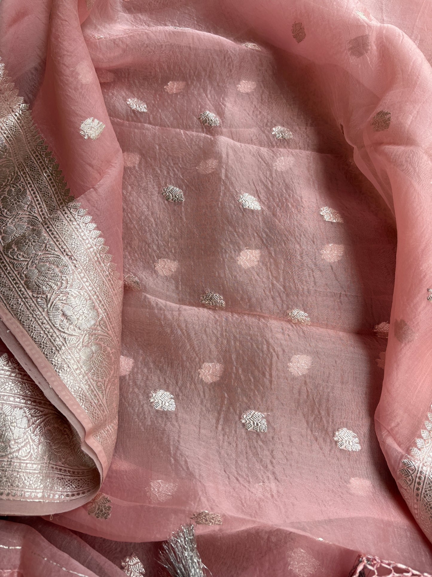Pink silver zari Chiniya kora silk suit set