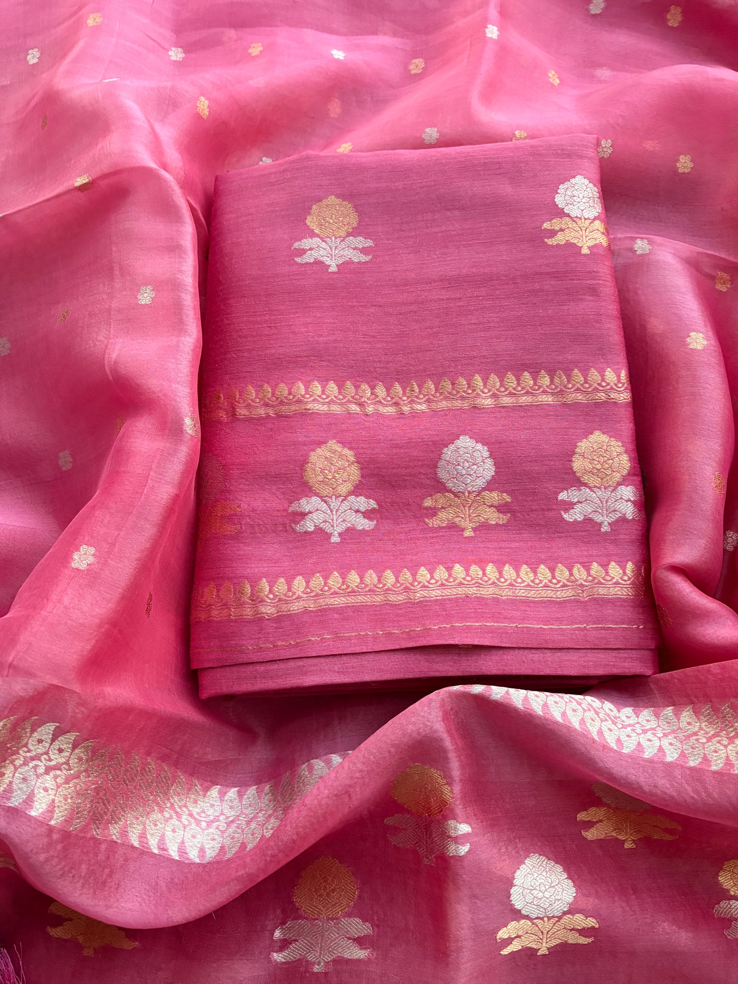 Pink moonga silk kurta , bottom and kora silk dupatta