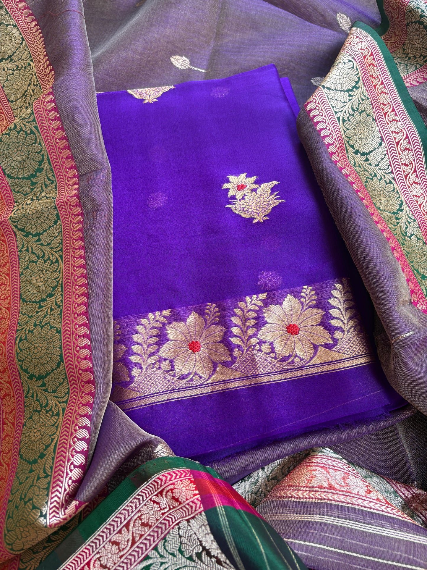 Purple kora kurta, kadhwa kora tissue dupatta, pure silk bottom