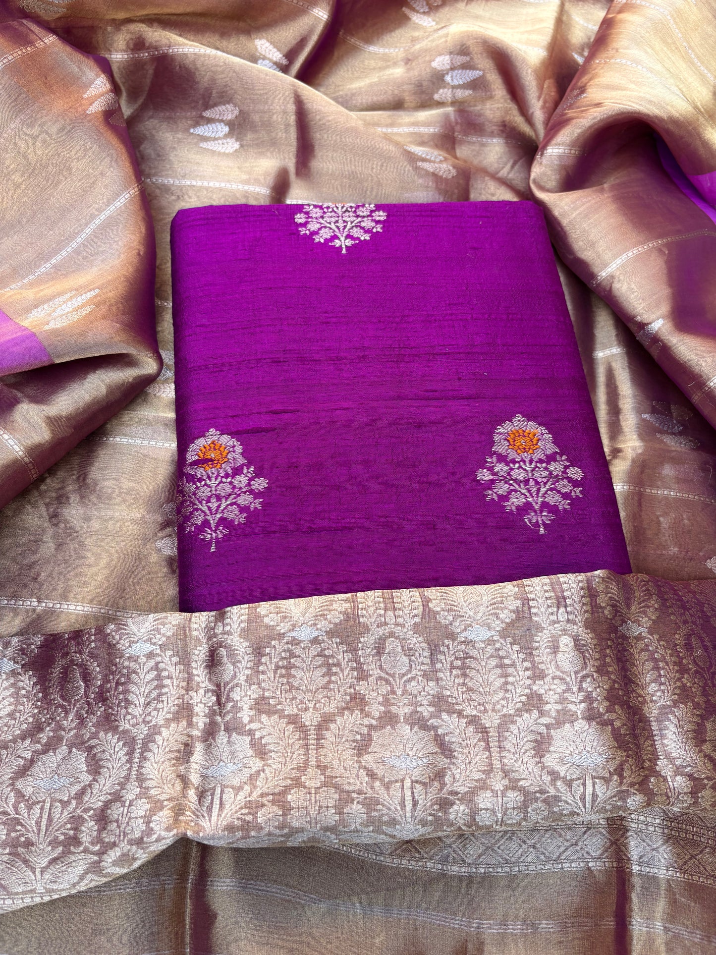 Purple raw silk kurta,bottom, kadhwa tissue dupatta