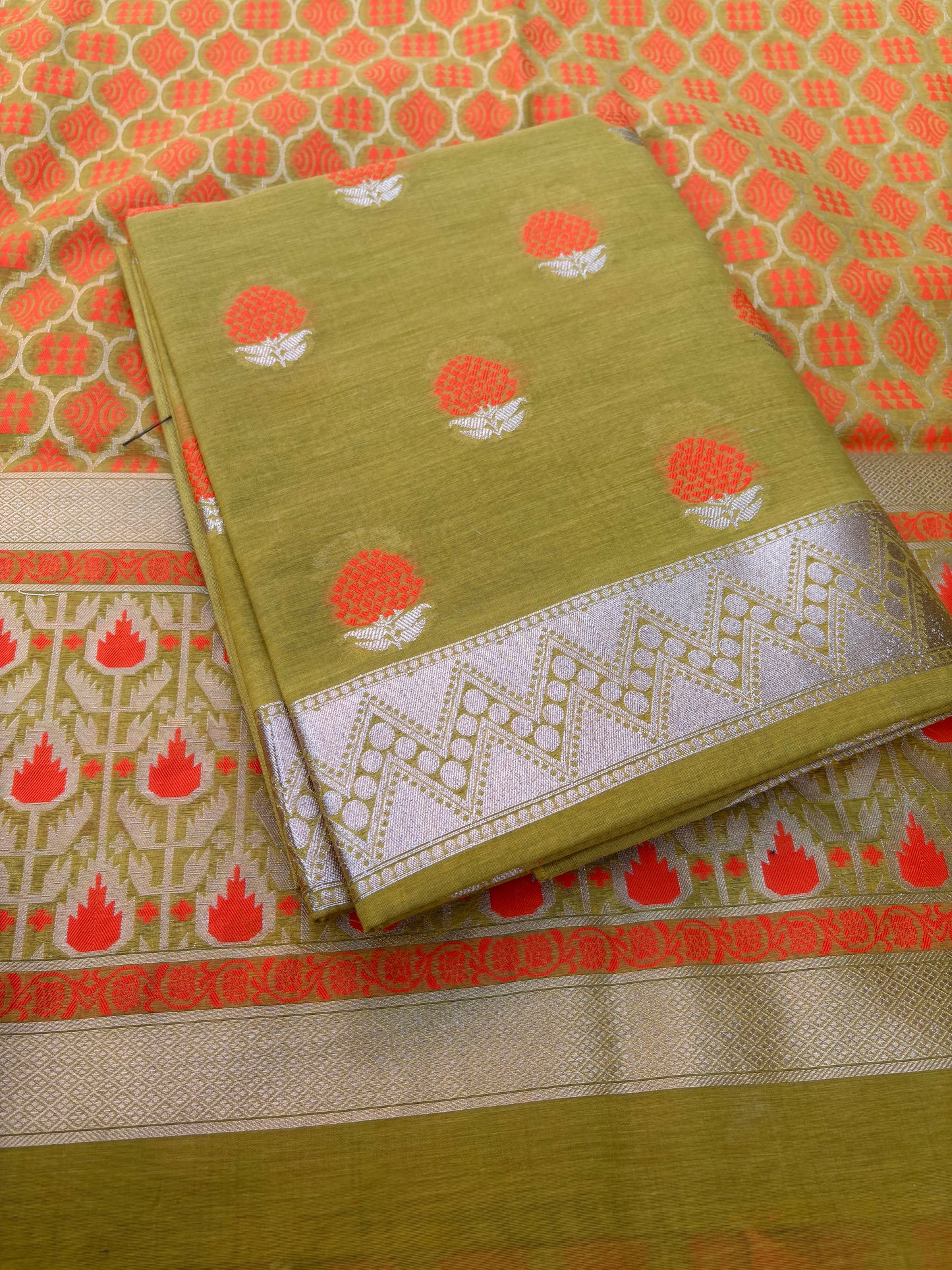 Lime green orange Meenakari 3 piece suit set