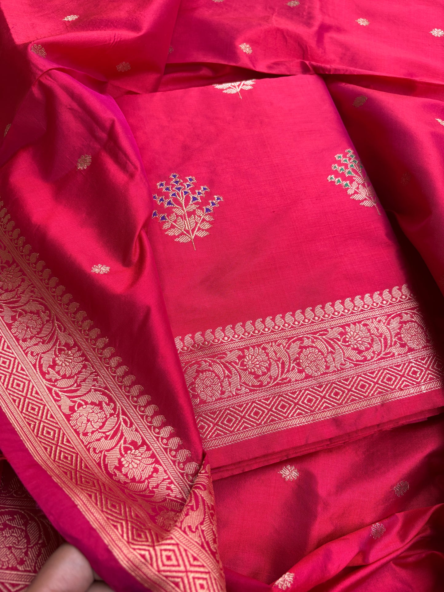 Red pink dhoop chau katan by katan silk suit set