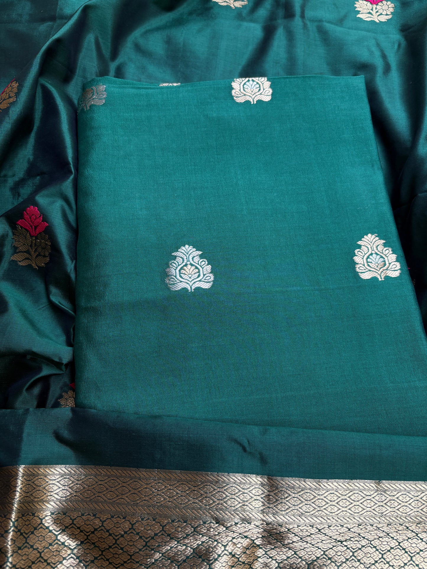 Green Chiniya silk kurta, bottom, katan silk kadhwa dupatta