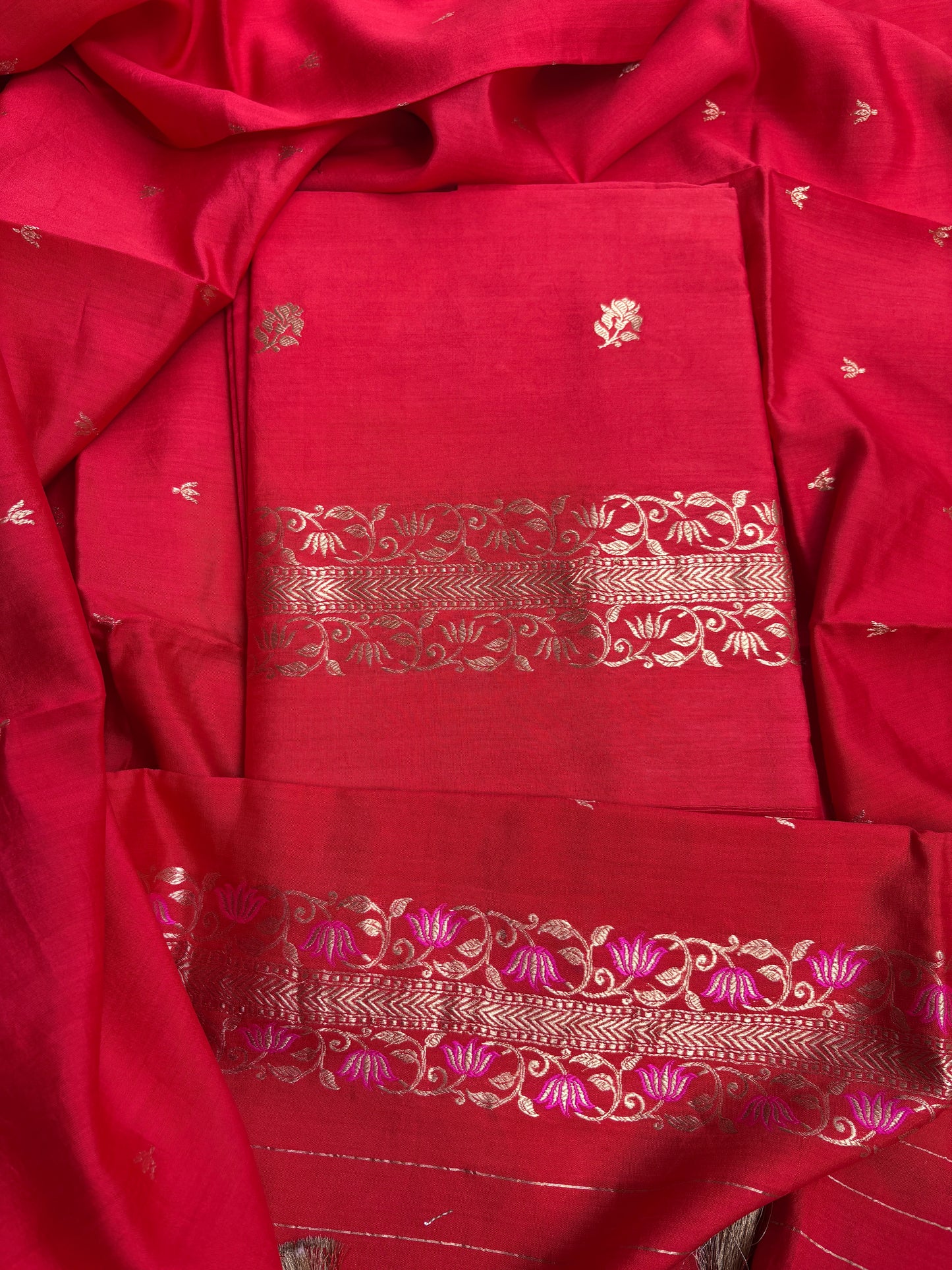 Red Chiniya silk 3 piece suit set